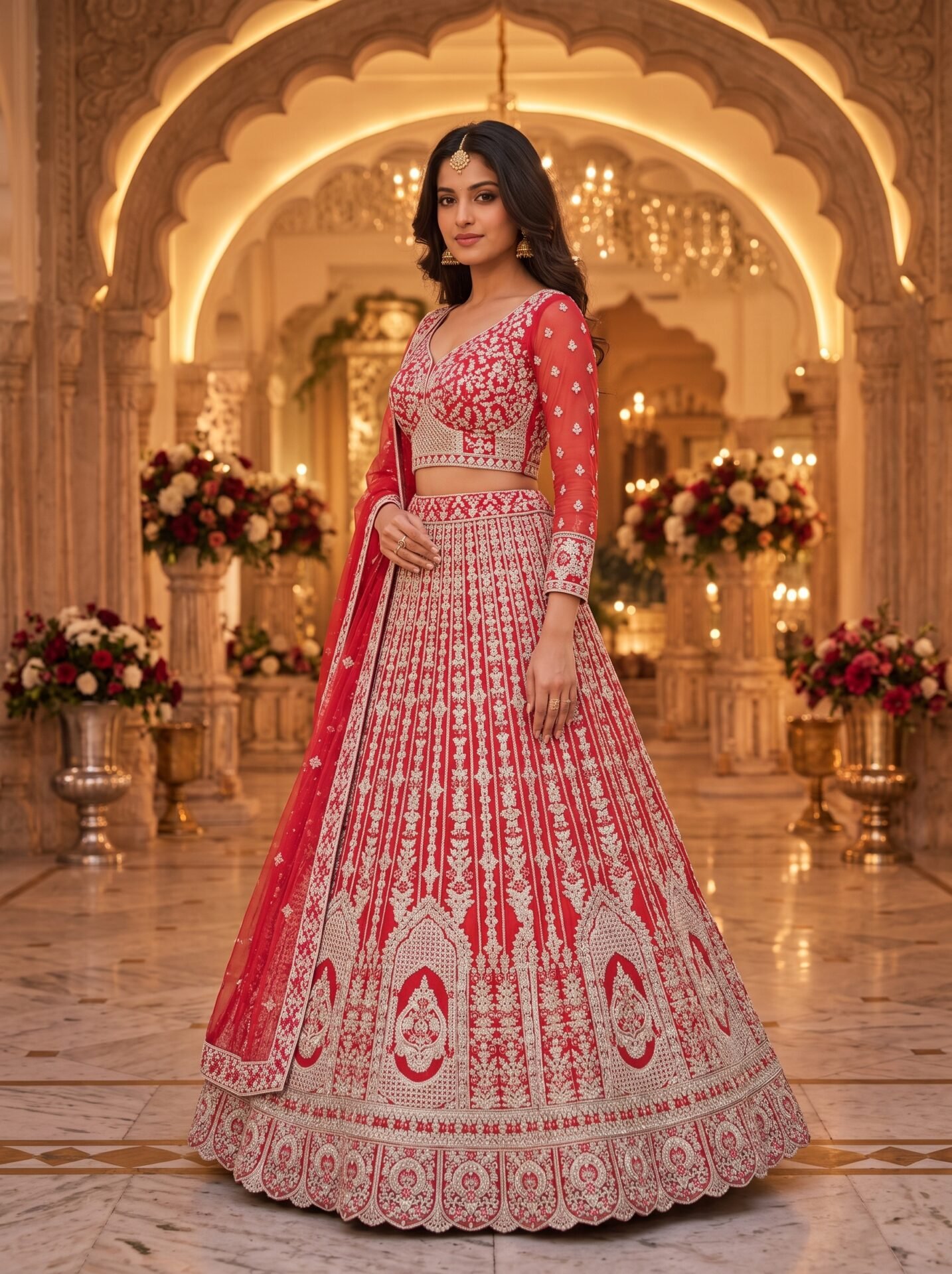 Devika Scarlet Red Silver Zari Bridal Lehenga Set - Image 2
