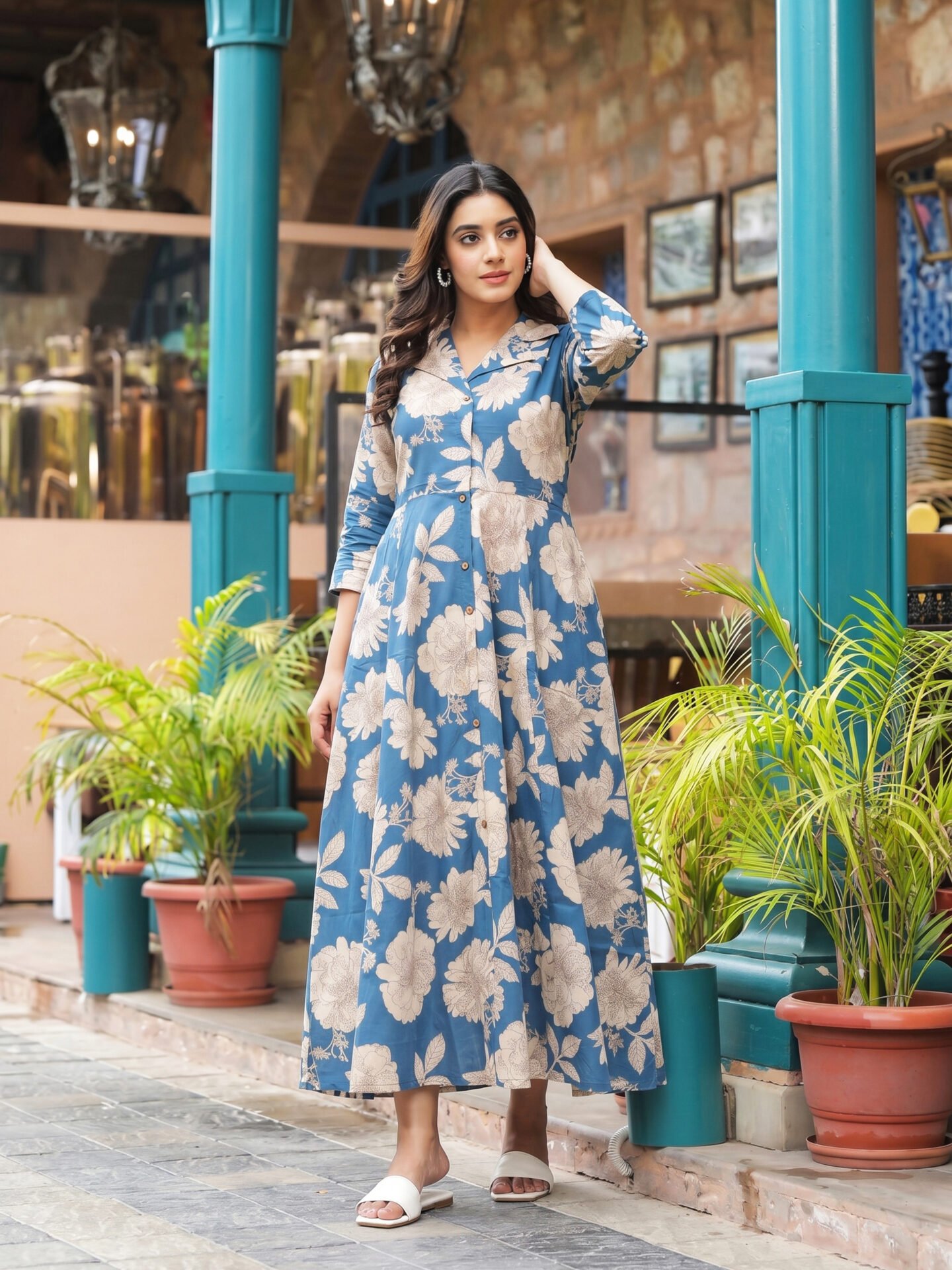 Dusty Blue Peony Collar Midi Dress