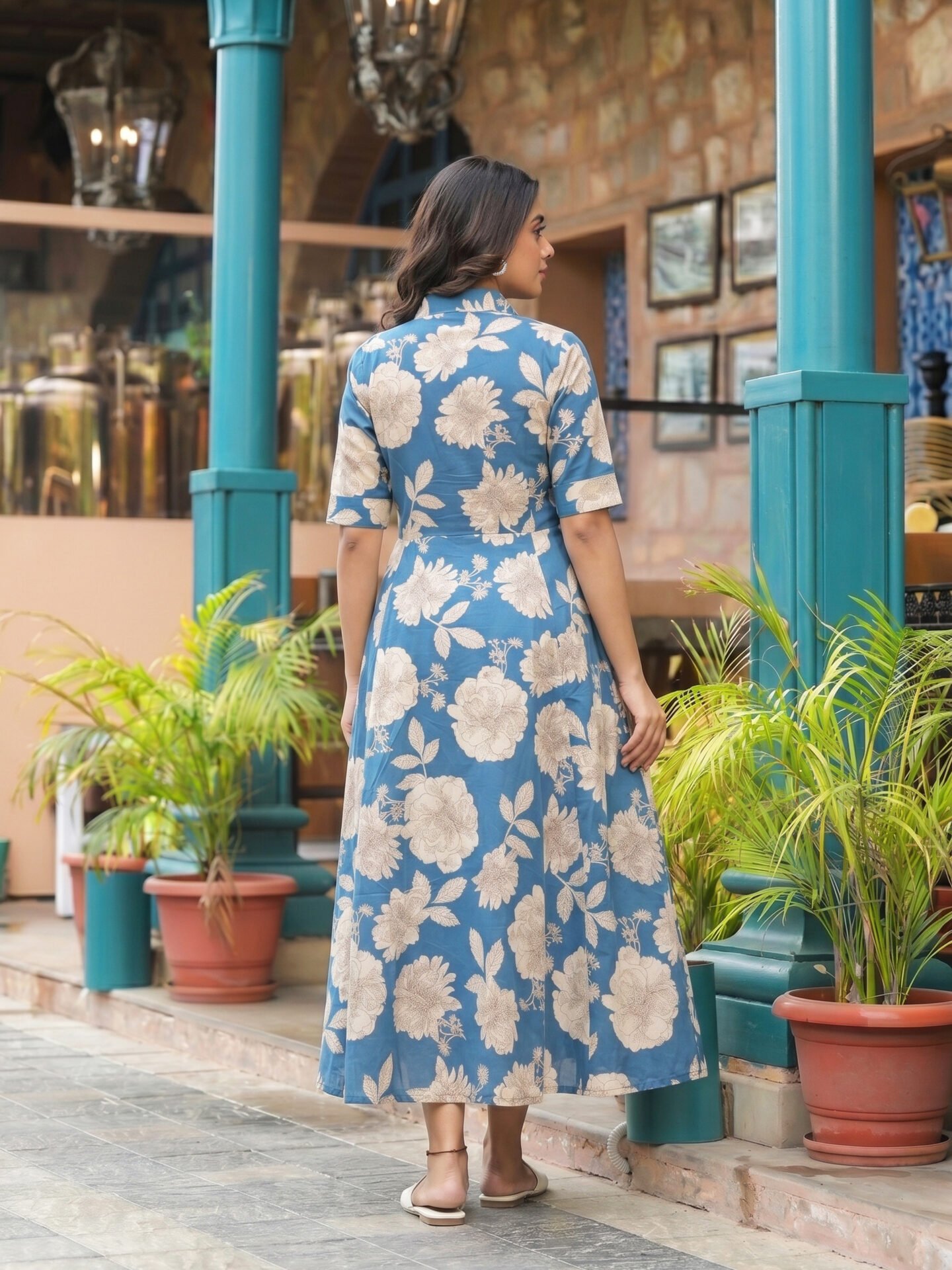 Dusty Blue Peony Collar Midi Dress - Image 2