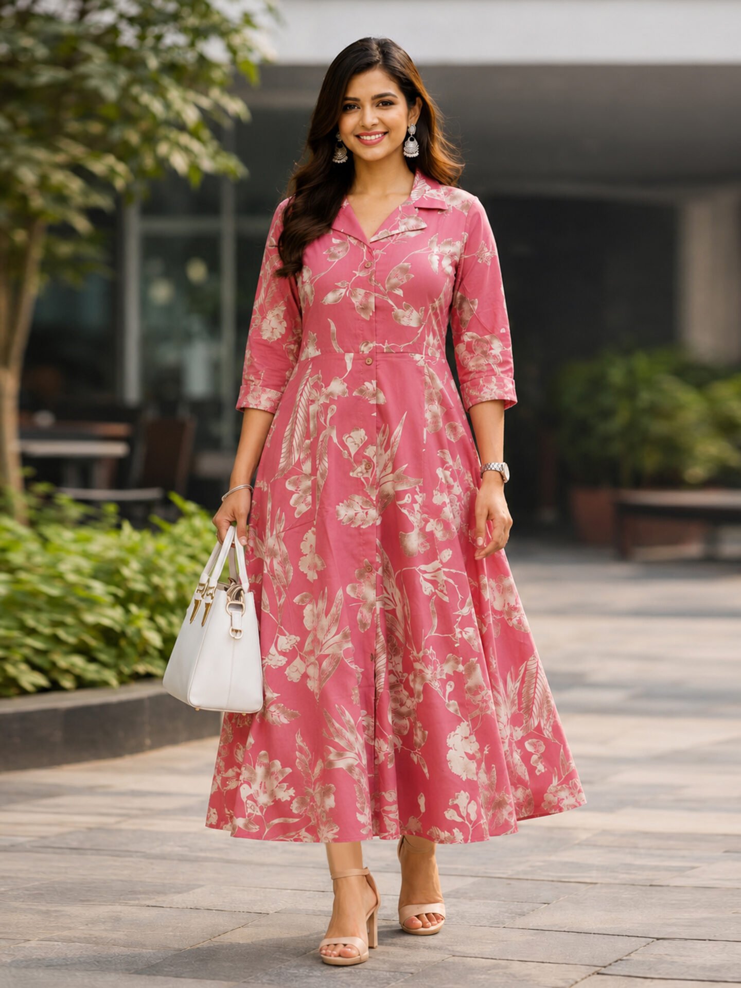 Dusty Rose Botanical Collar Midi Dress