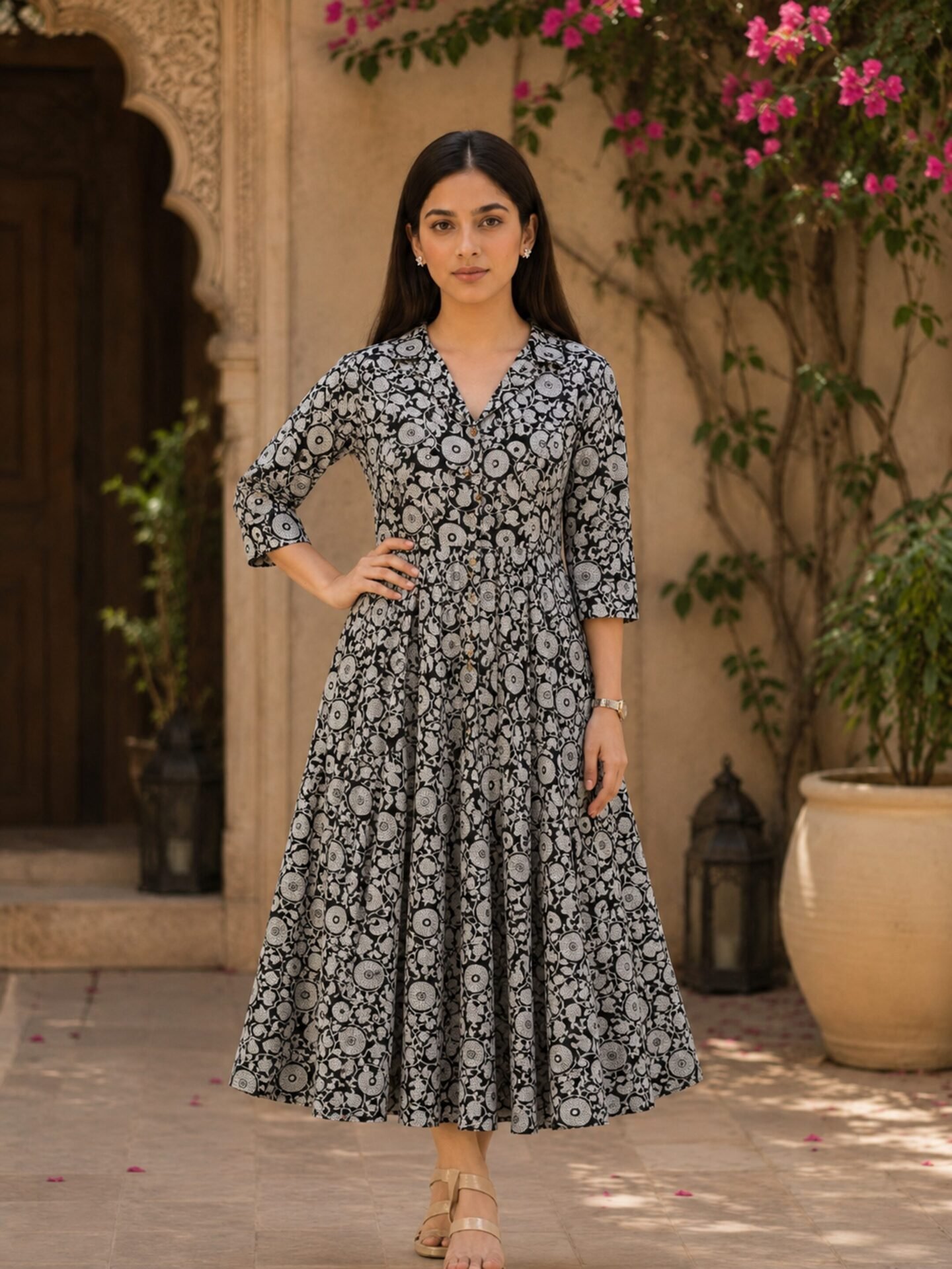 Ebony Floral Vine Collar Midi Dress
