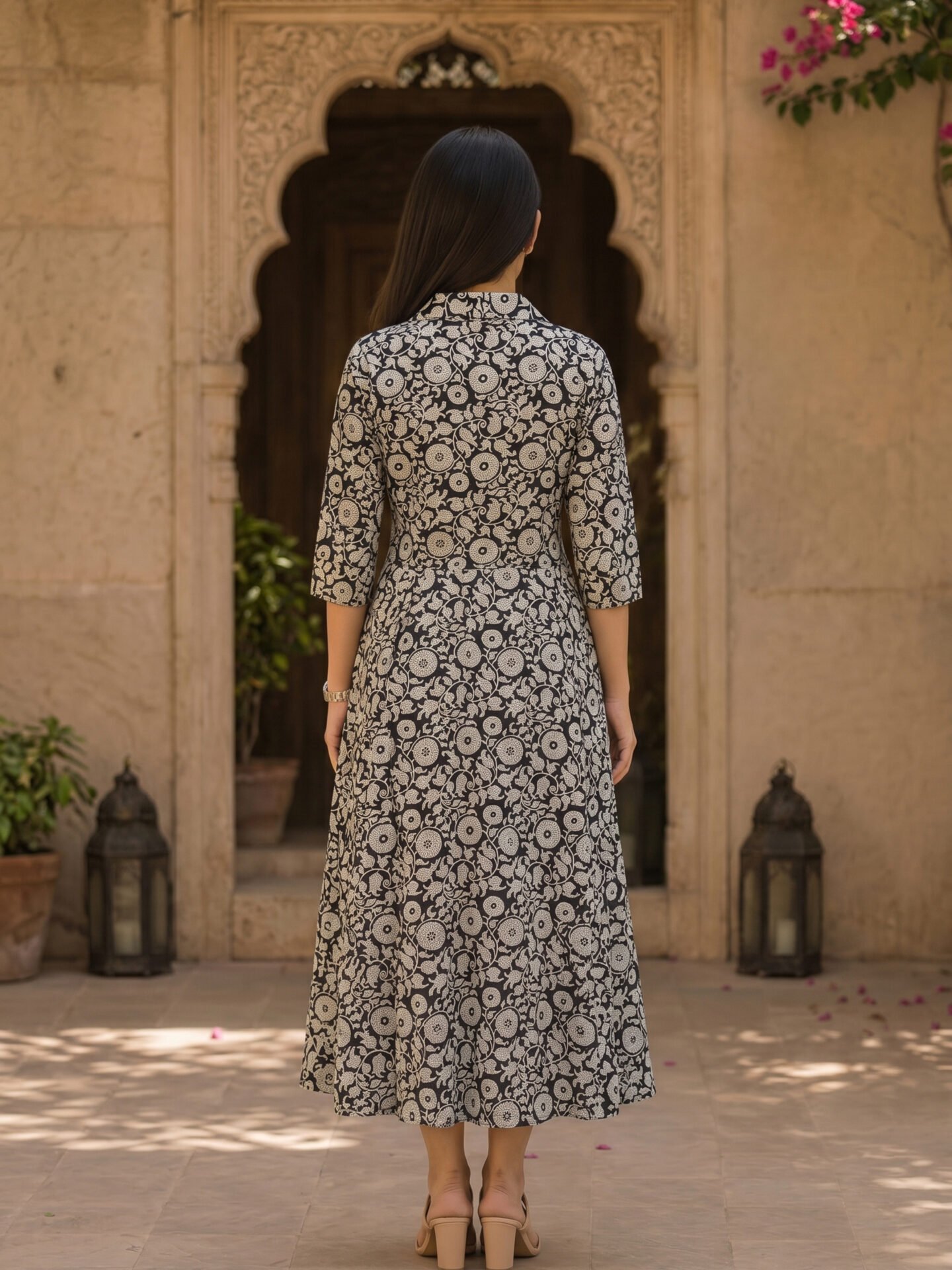 Ebony Floral Vine Collar Midi Dress - Image 3