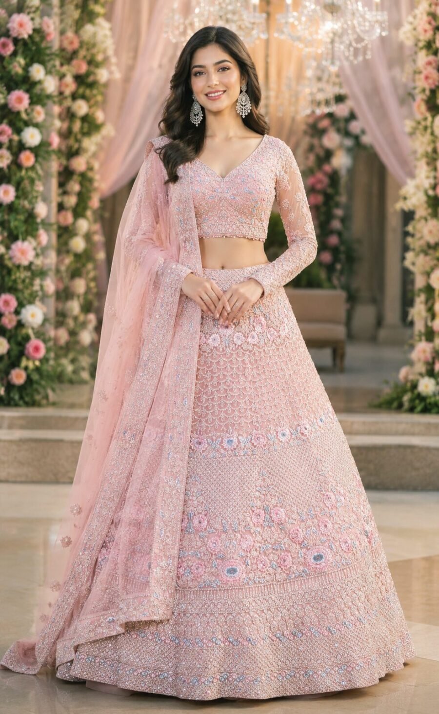 Elowen Blush Rose Pastel Floral Sequin Bridal Lehenga Set