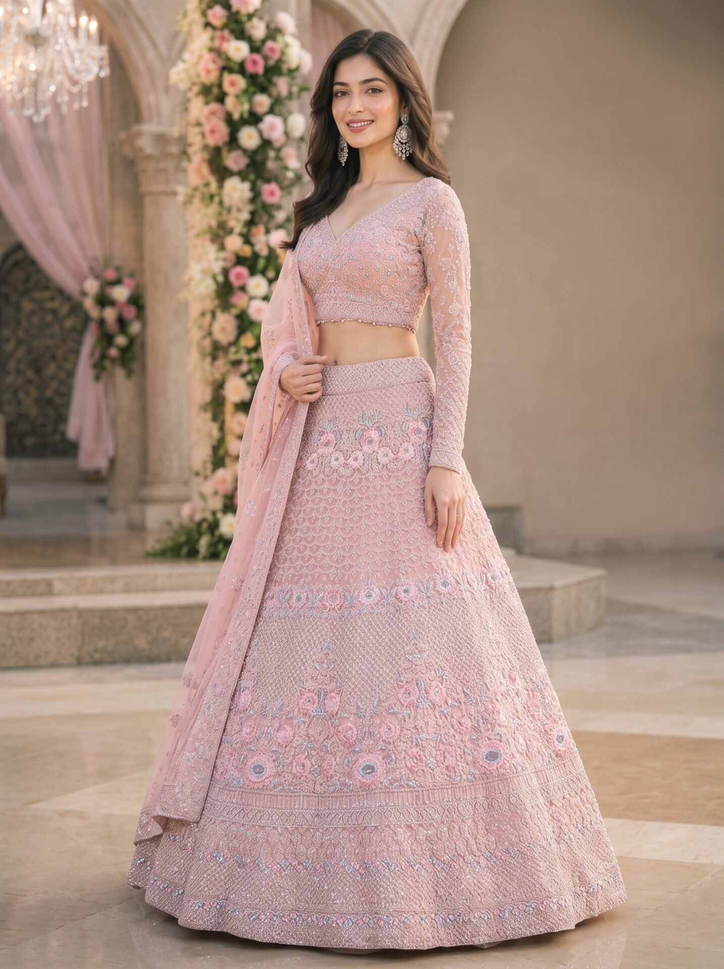 Elowen Blush Rose Pastel Floral Sequin Bridal Lehenga Set - Image 2