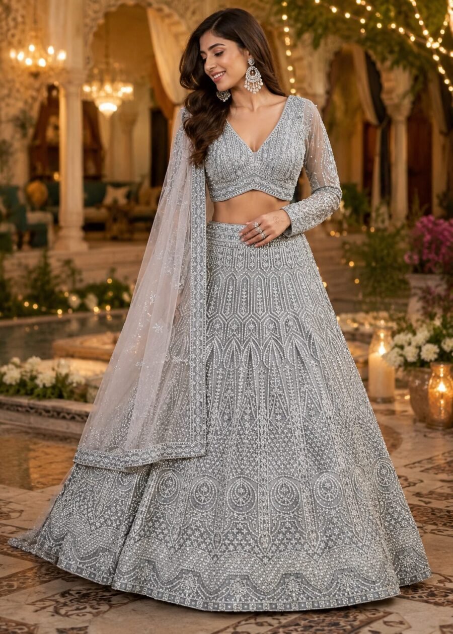 Eshana Steel Grey Silver Sequin Embroidered Bridal Lehenga Set