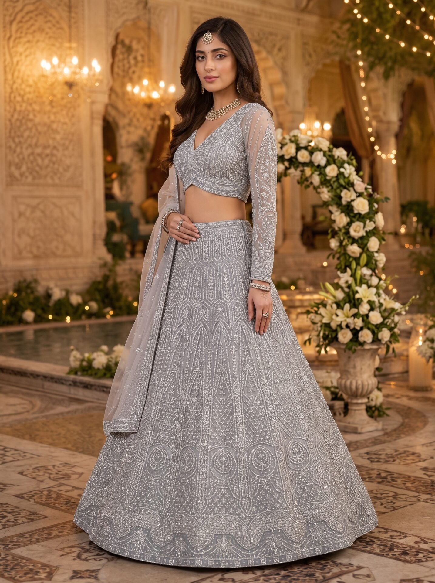 Eshana Steel Grey Silver Sequin Embroidered Bridal Lehenga Set - Image 2