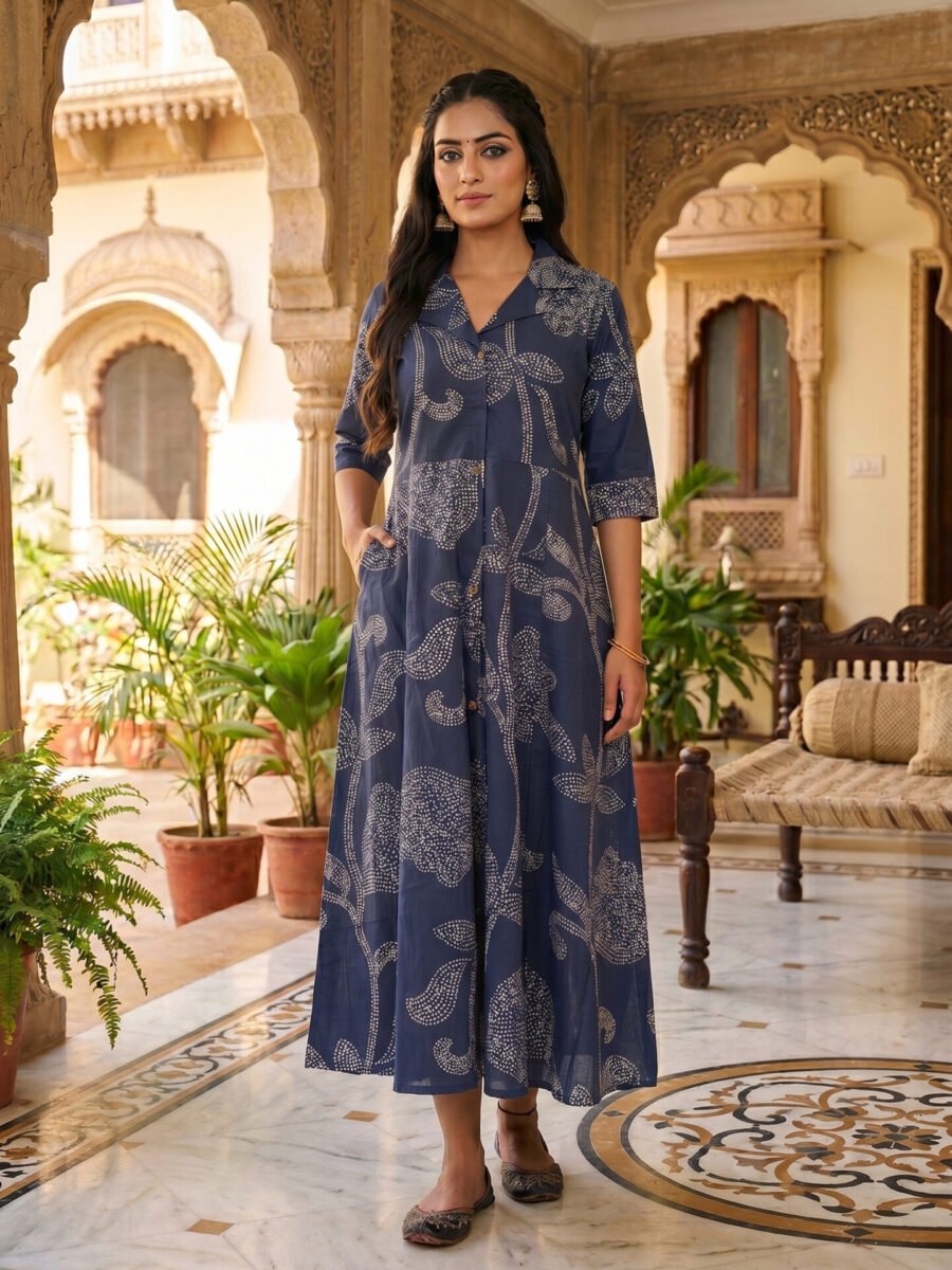 Indigo Dotted Bloom Collar Midi Dress