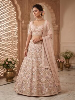 Ishani Champagne Blush Garden Embroidered Bridal Lehenga Set