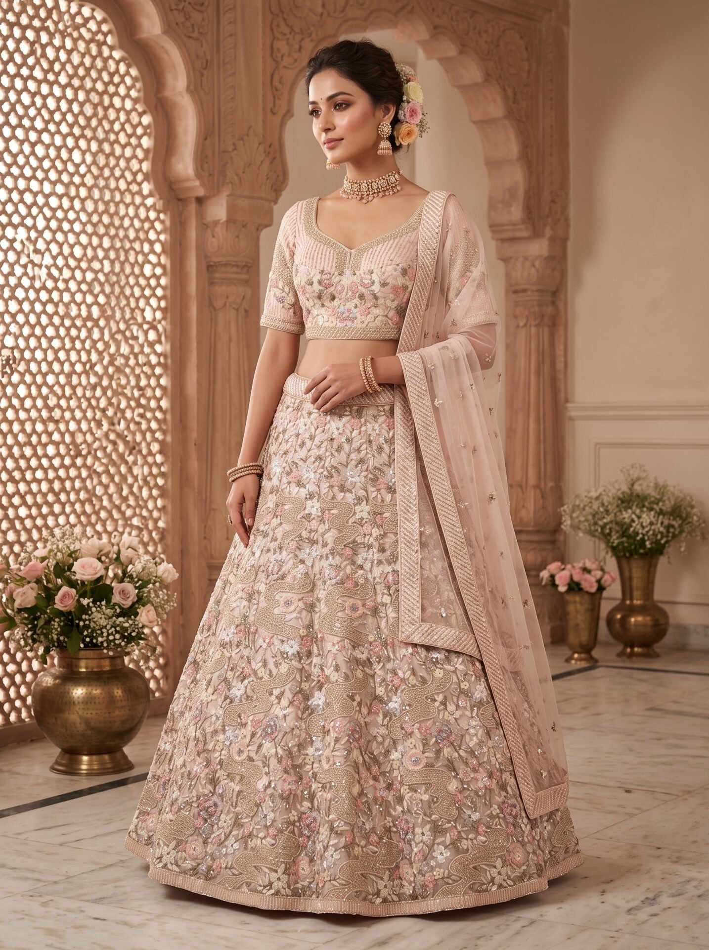Ishani Champagne Blush Garden Embroidered Bridal Lehenga Set
