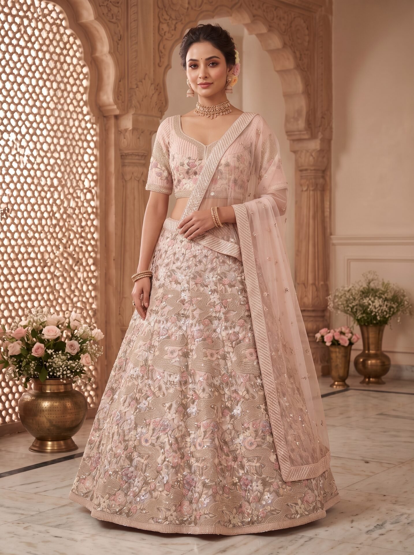 Ishani Champagne Blush Garden Embroidered Bridal Lehenga Set - Image 2