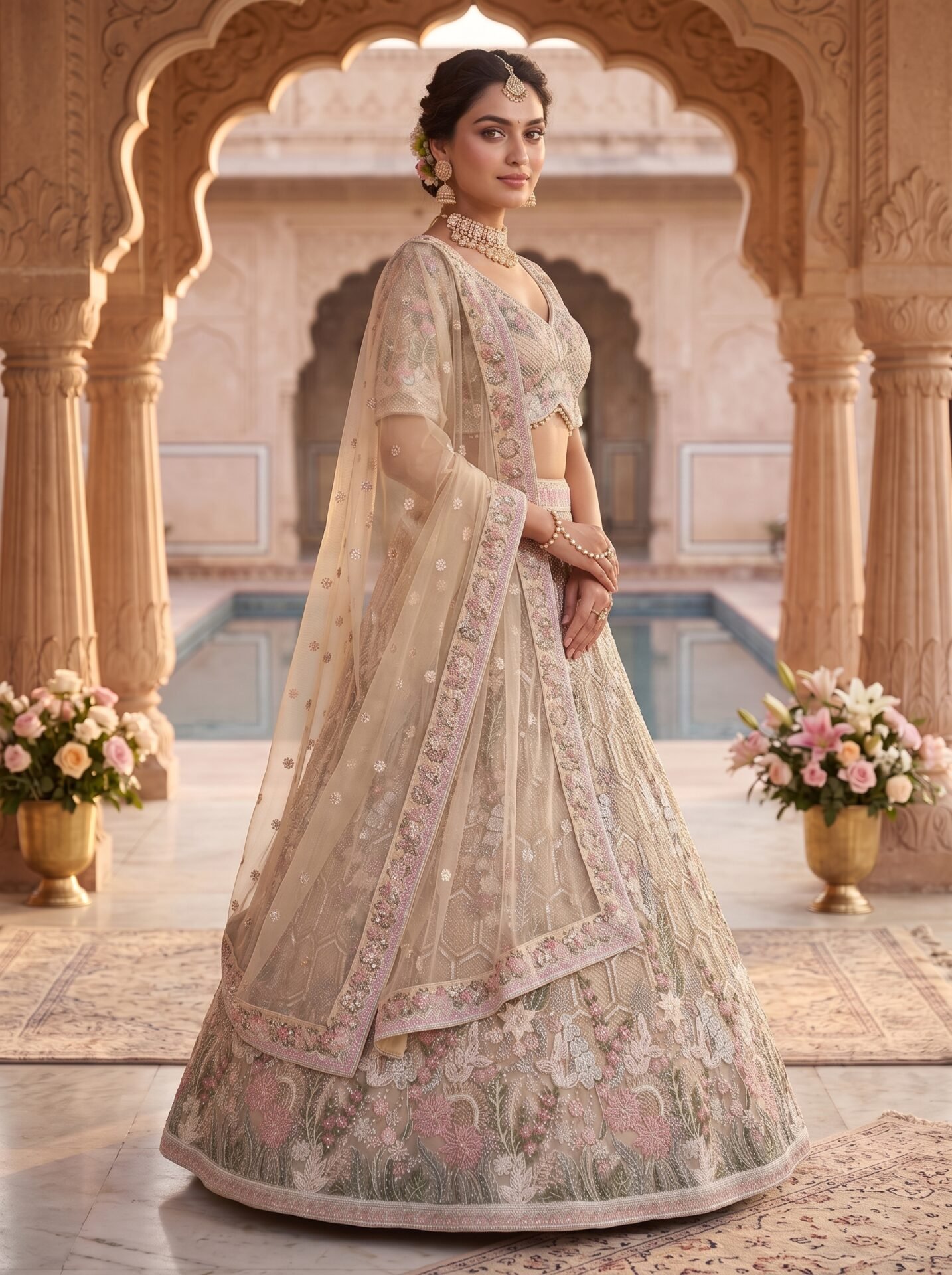 Ivory Champagne Floral Buti Zari & Sequin Bridal Lehenga Choli with Dupatta - Image 2