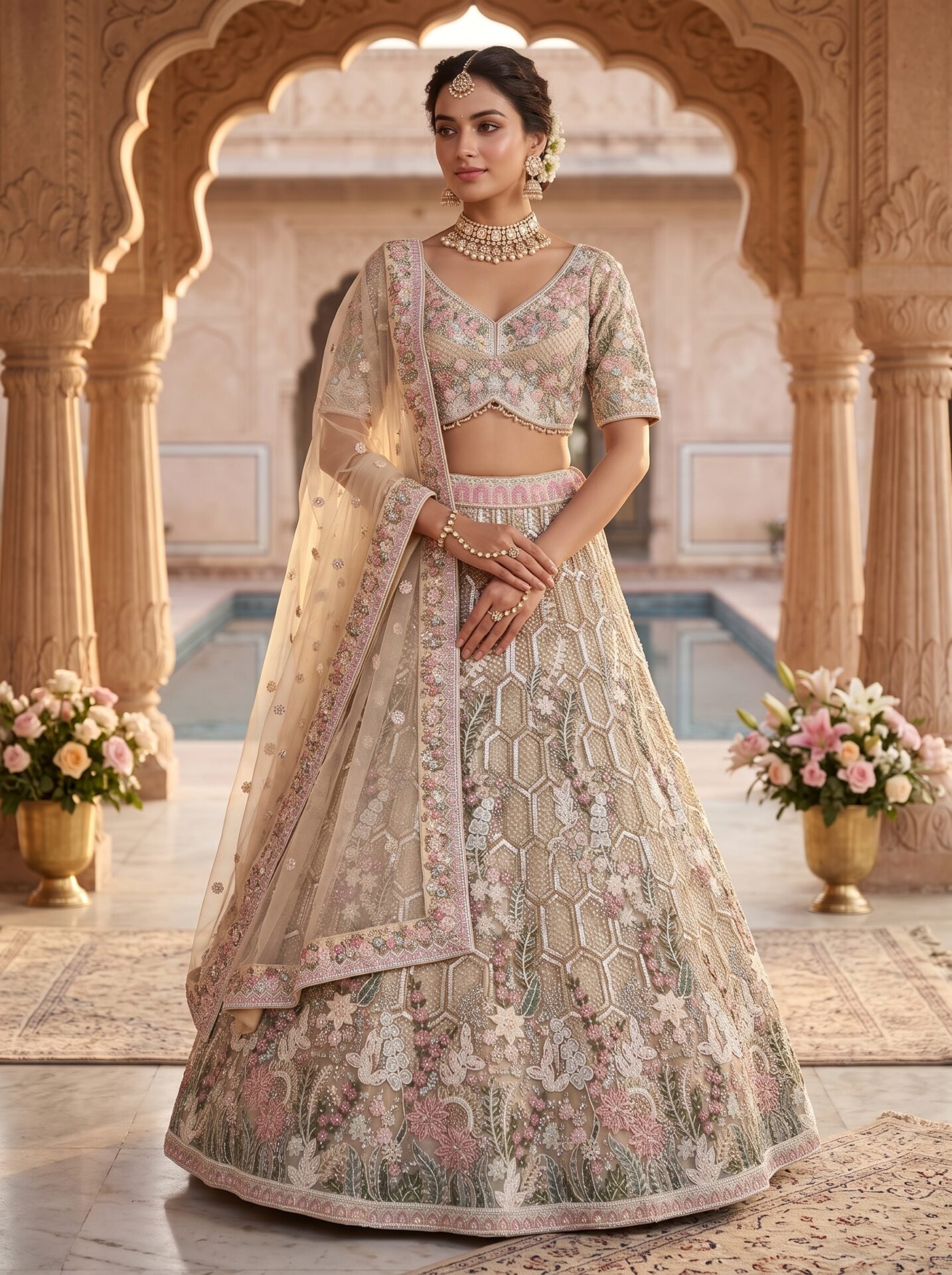 Ivory Champagne Floral Buti Zari & Sequin Bridal Lehenga Choli with Dupatta