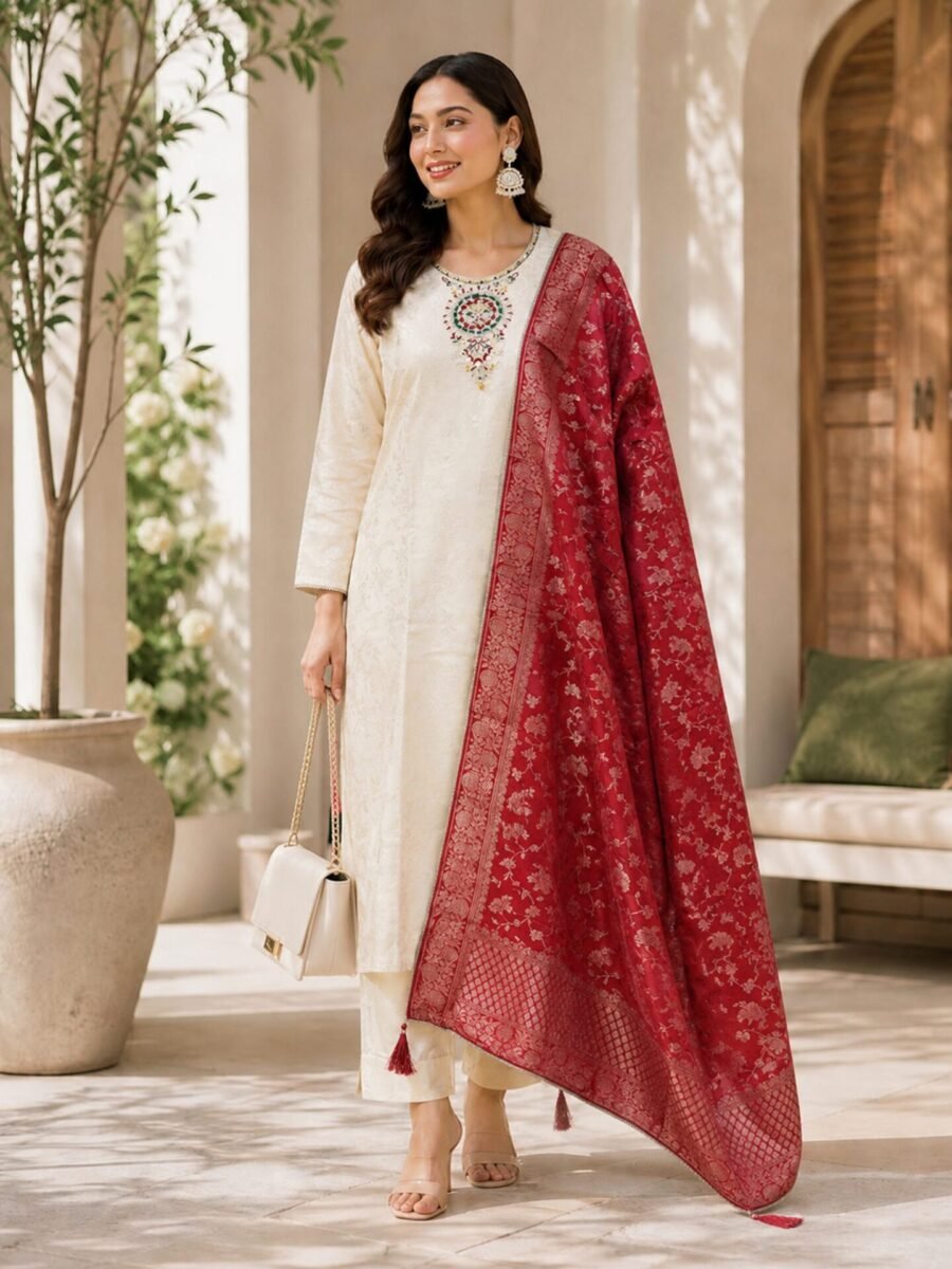 Ivory Grace Embroidered Kurta Set with Crimson Banarasi Dupatta