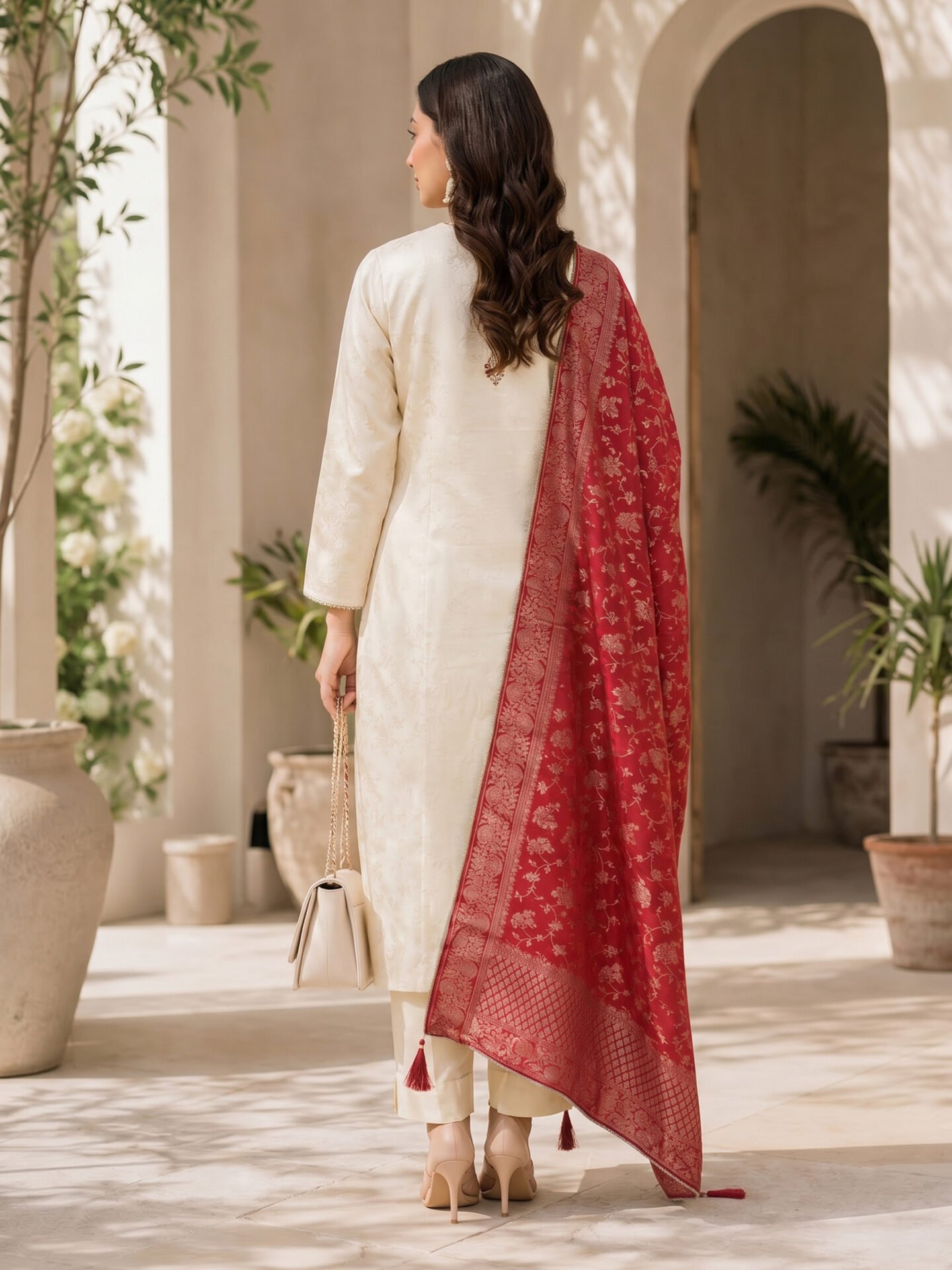 Ivory Grace Embroidered Kurta Set with Crimson Banarasi Dupatta - Image 2