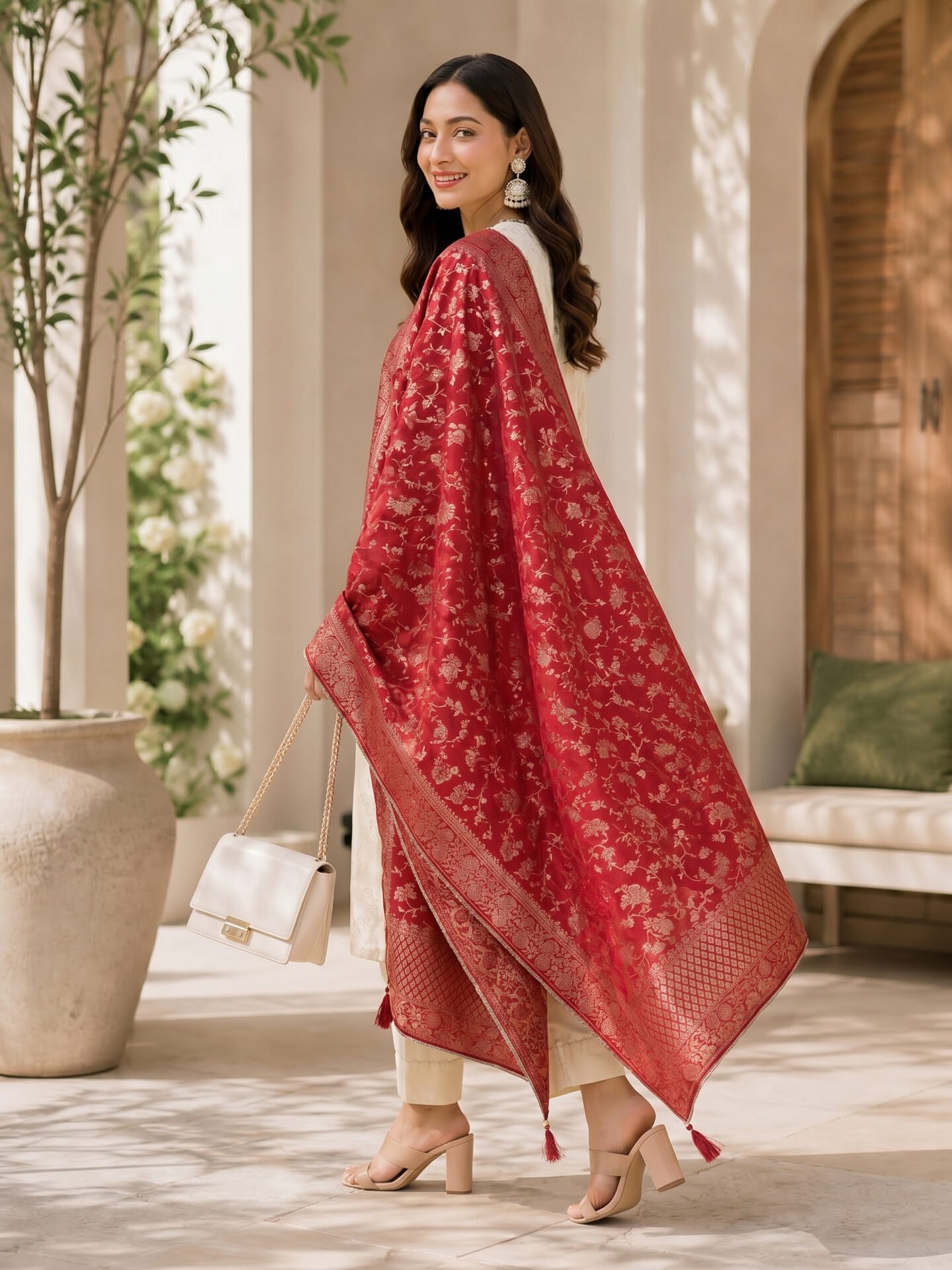 Ivory Grace Embroidered Kurta Set with Crimson Banarasi Dupatta - Image 3