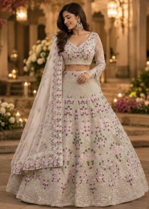 Kashvi Ivory Pink Floral Embroidered Bridal Lehenga Set