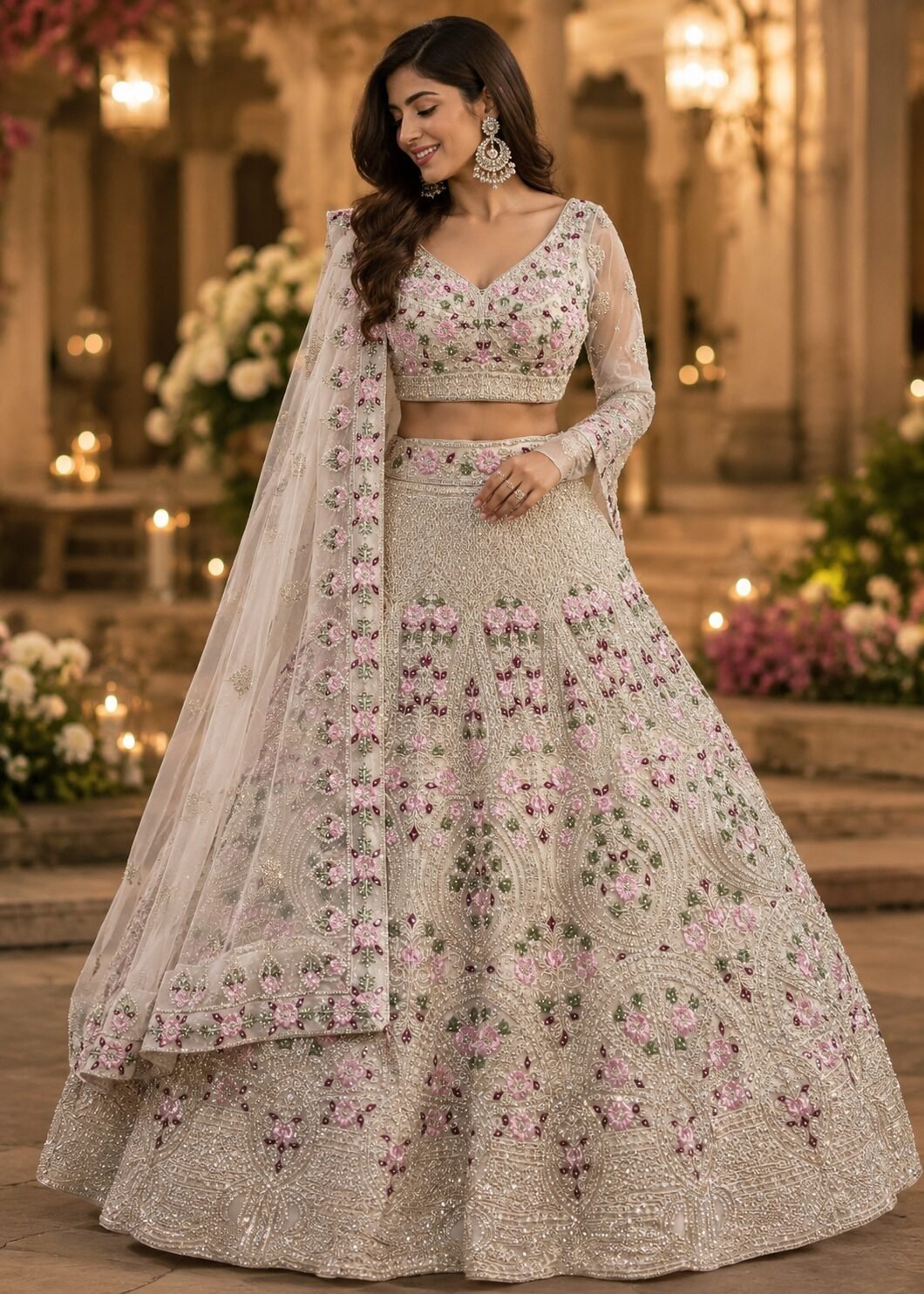 Kashvi Ivory Pink Floral Embroidered Bridal Lehenga Set