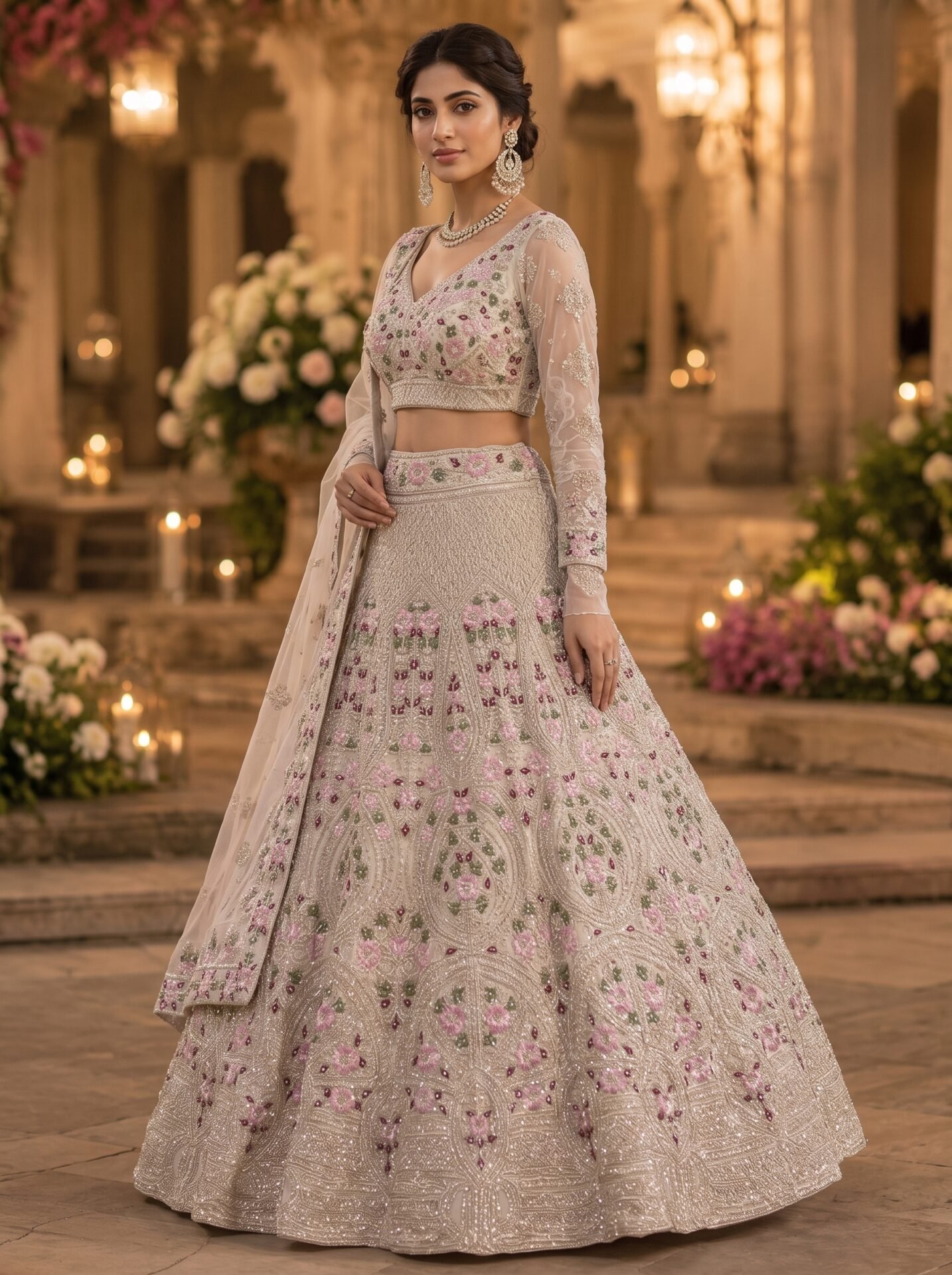 Kashvi Ivory Pink Floral Embroidered Bridal Lehenga Set - Image 2