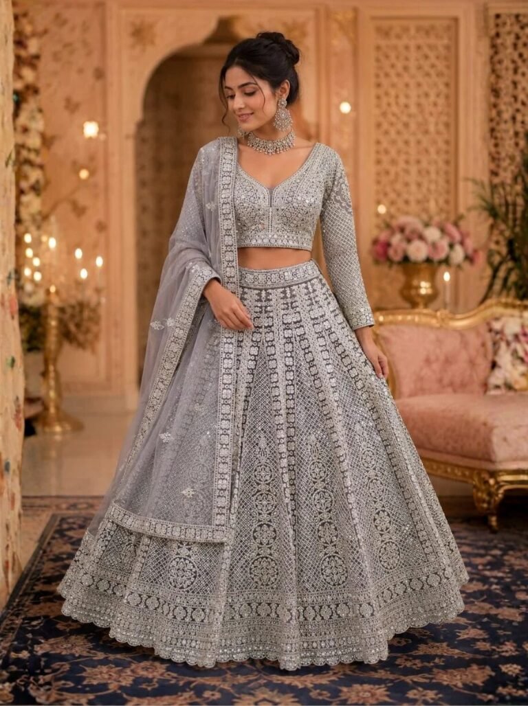 Nayra Smoky Lilac Silver Embroidered Bridal Lehenga Set