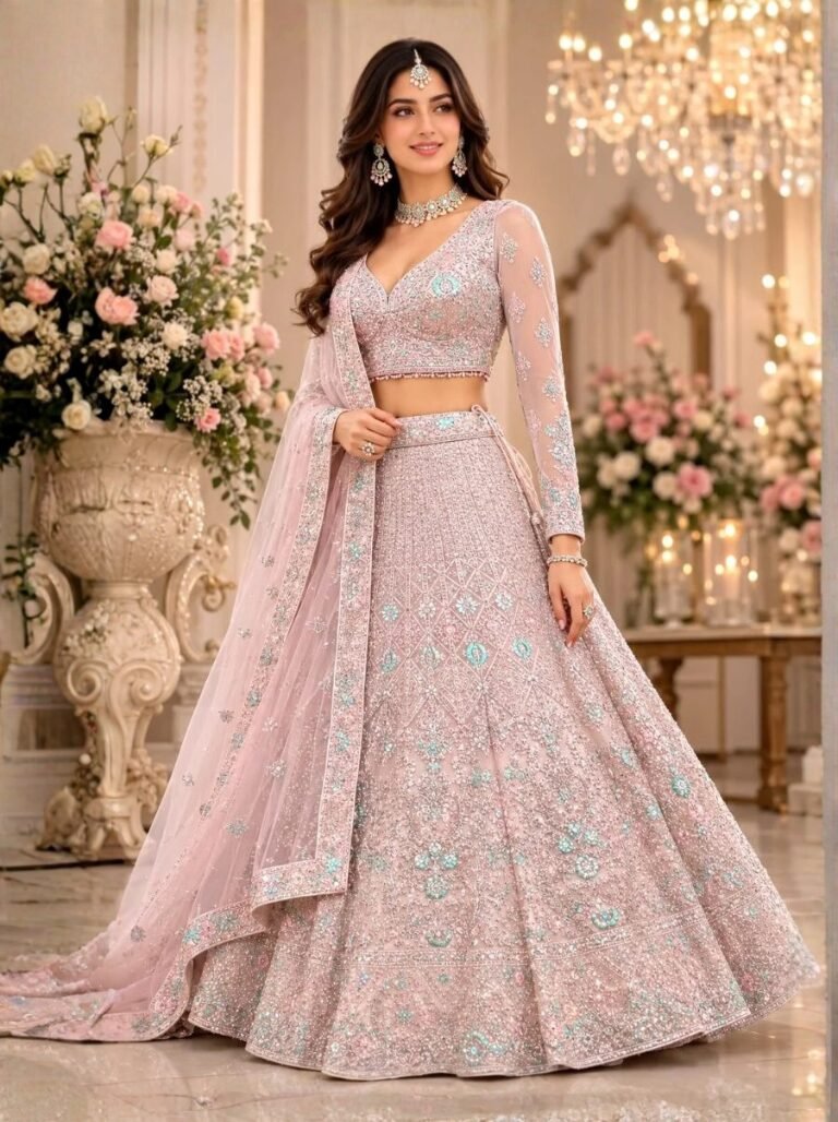 Taarini Blush Pink Aqua Floral Embroidered Bridal Lehenga Set