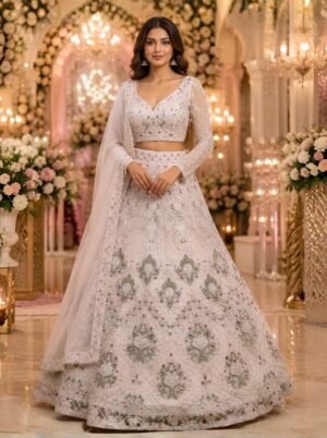 Anvika Ivory Sage Floral Embroidered Bridal Lehenga Set
