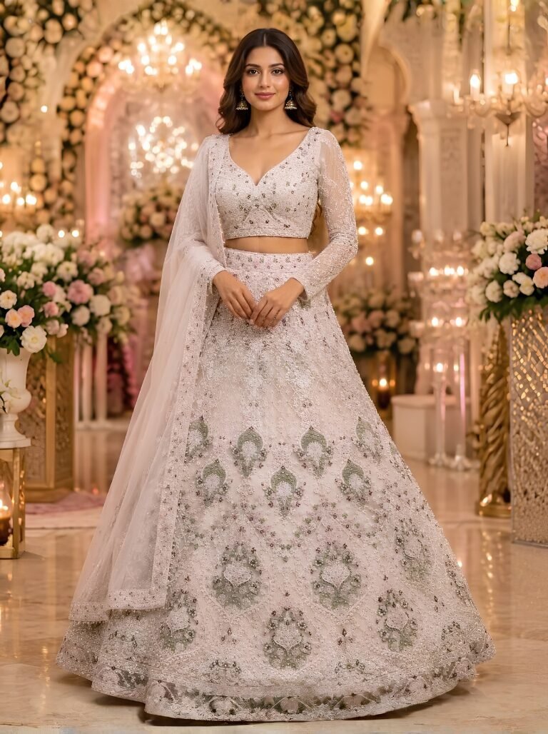 Anvika Ivory Sage Floral Embroidered Bridal Lehenga Set