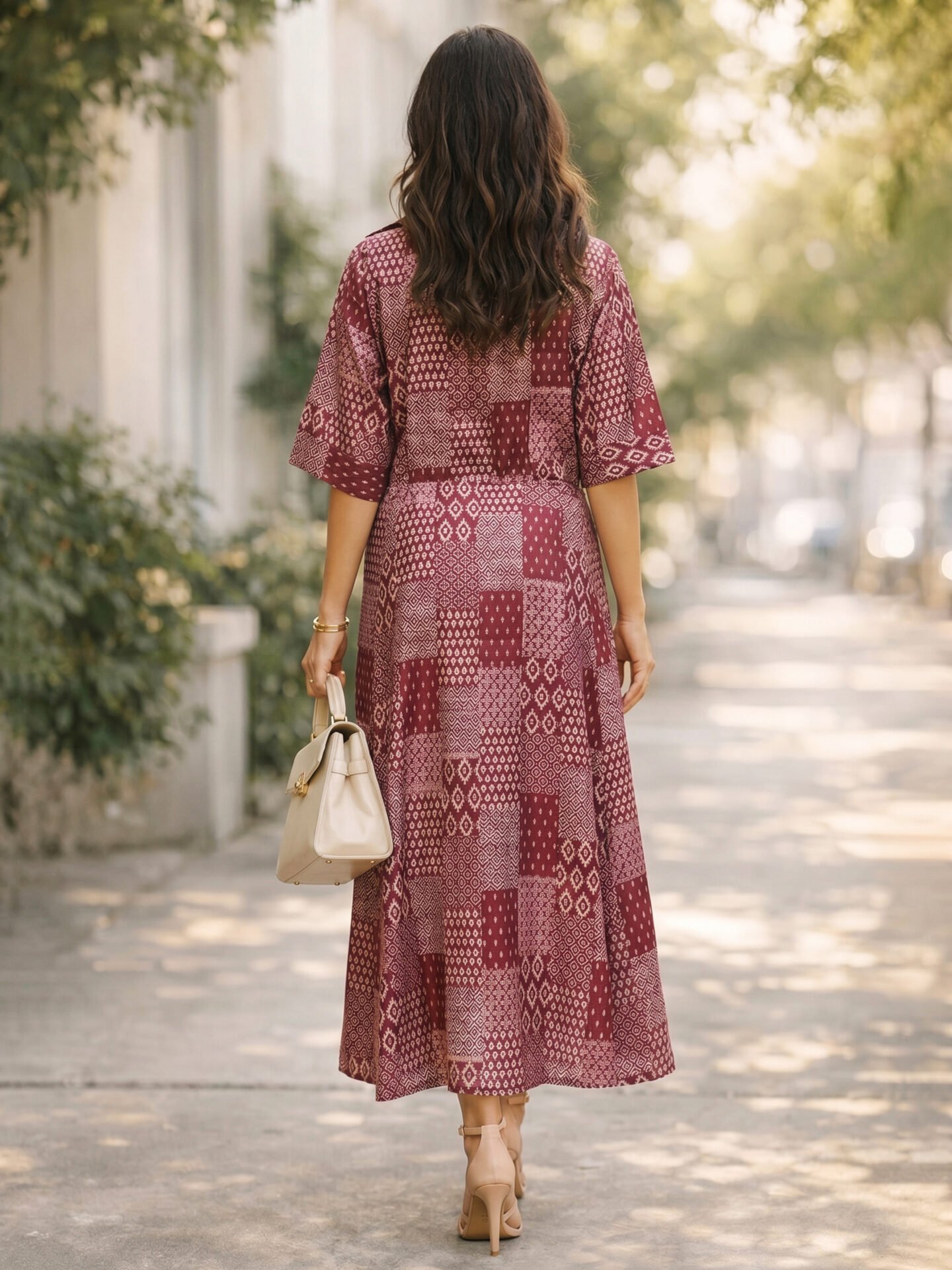 Maroon Bandhani Patchwork Collar Midi Dress
