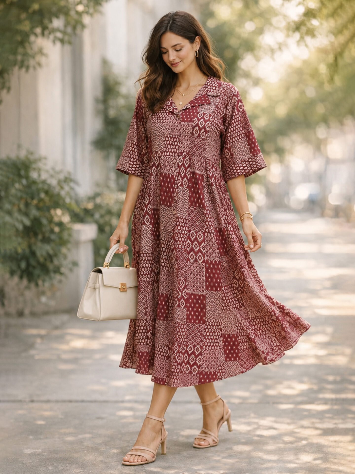 Maroon Bandhani Patchwork Collar Midi Dress - Image 2