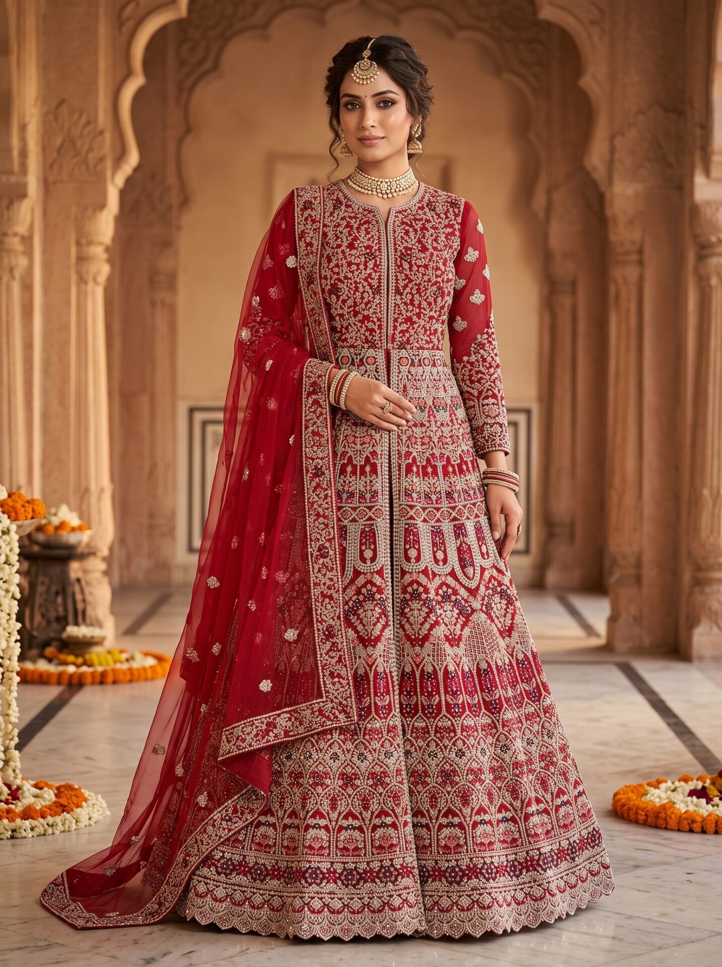 Mehrunisa Crimson Gold Heavily Embroidered Bridal Lehenga Set