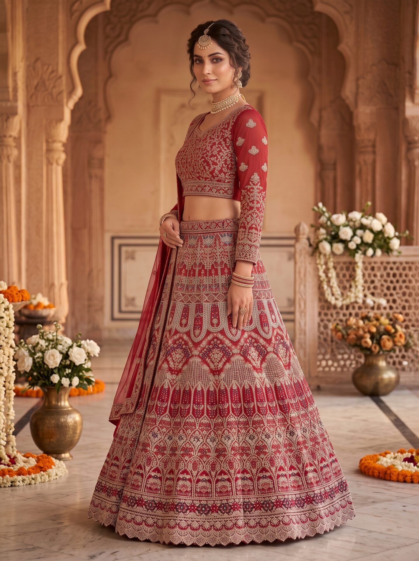 Mehrunisa Crimson Gold Heavily Embroidered Bridal Lehenga Set - Image 2