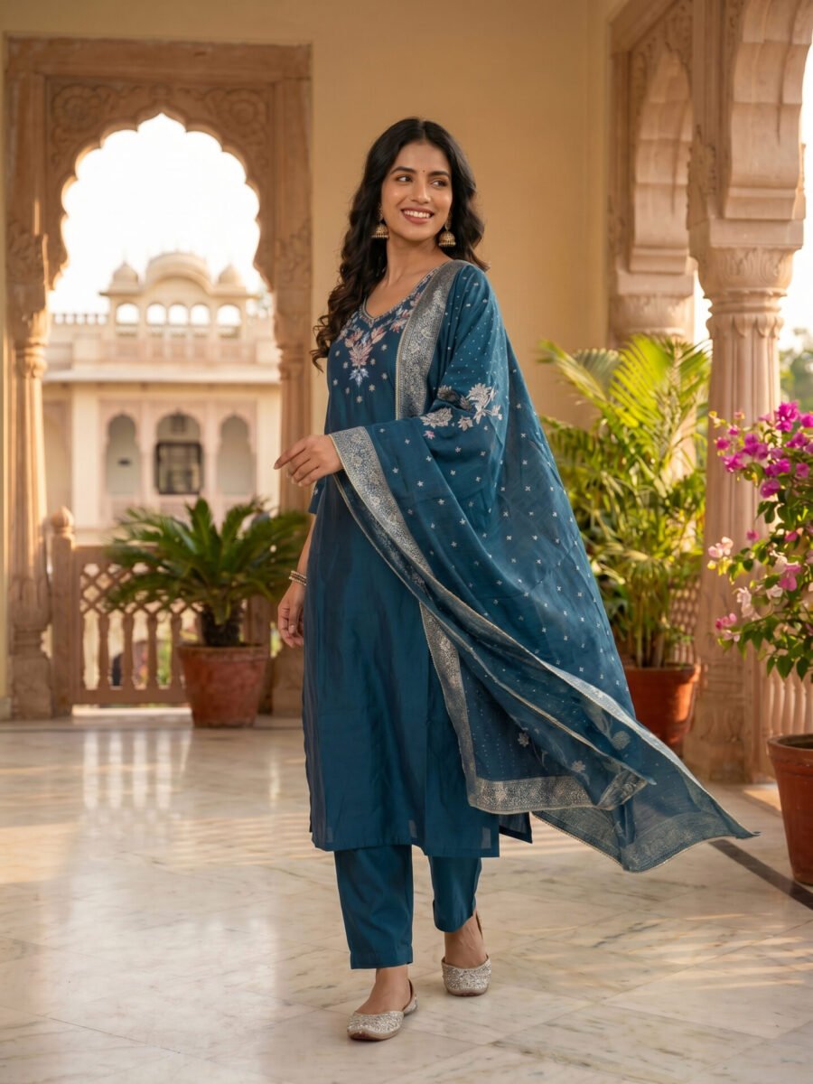 Midnight Teal Floral Embroidered Kurta Set with Paisley Woven Dupatta