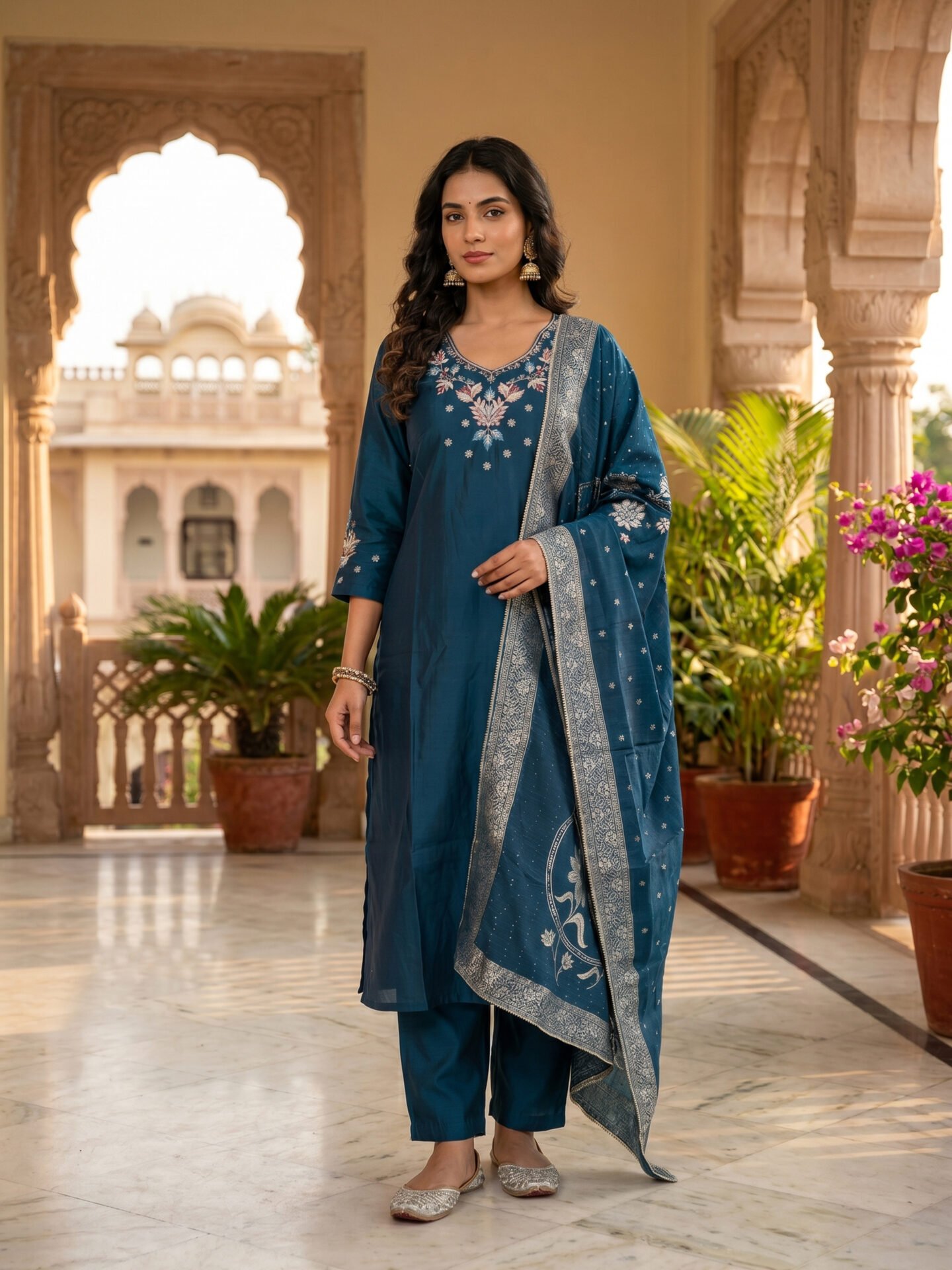 Midnight Teal Floral Embroidered Kurta Set with Paisley Woven Dupatta - Image 2
