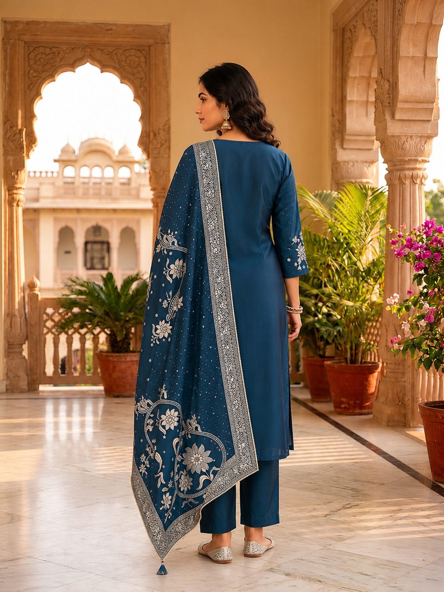 Midnight Teal Floral Embroidered Kurta Set with Paisley Woven Dupatta - Image 3
