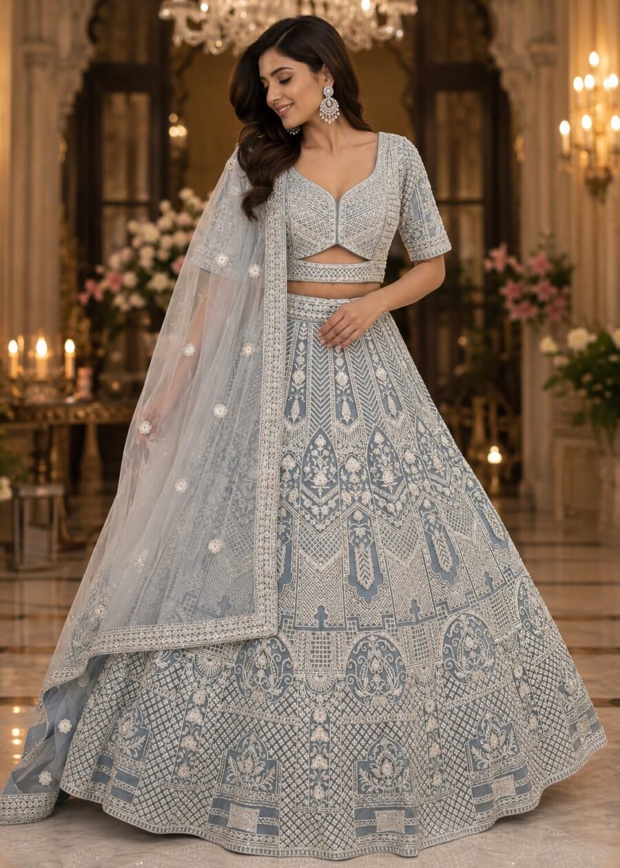 Miraya Mist Blue Silver Zari Embroidered Bridal Lehenga Set