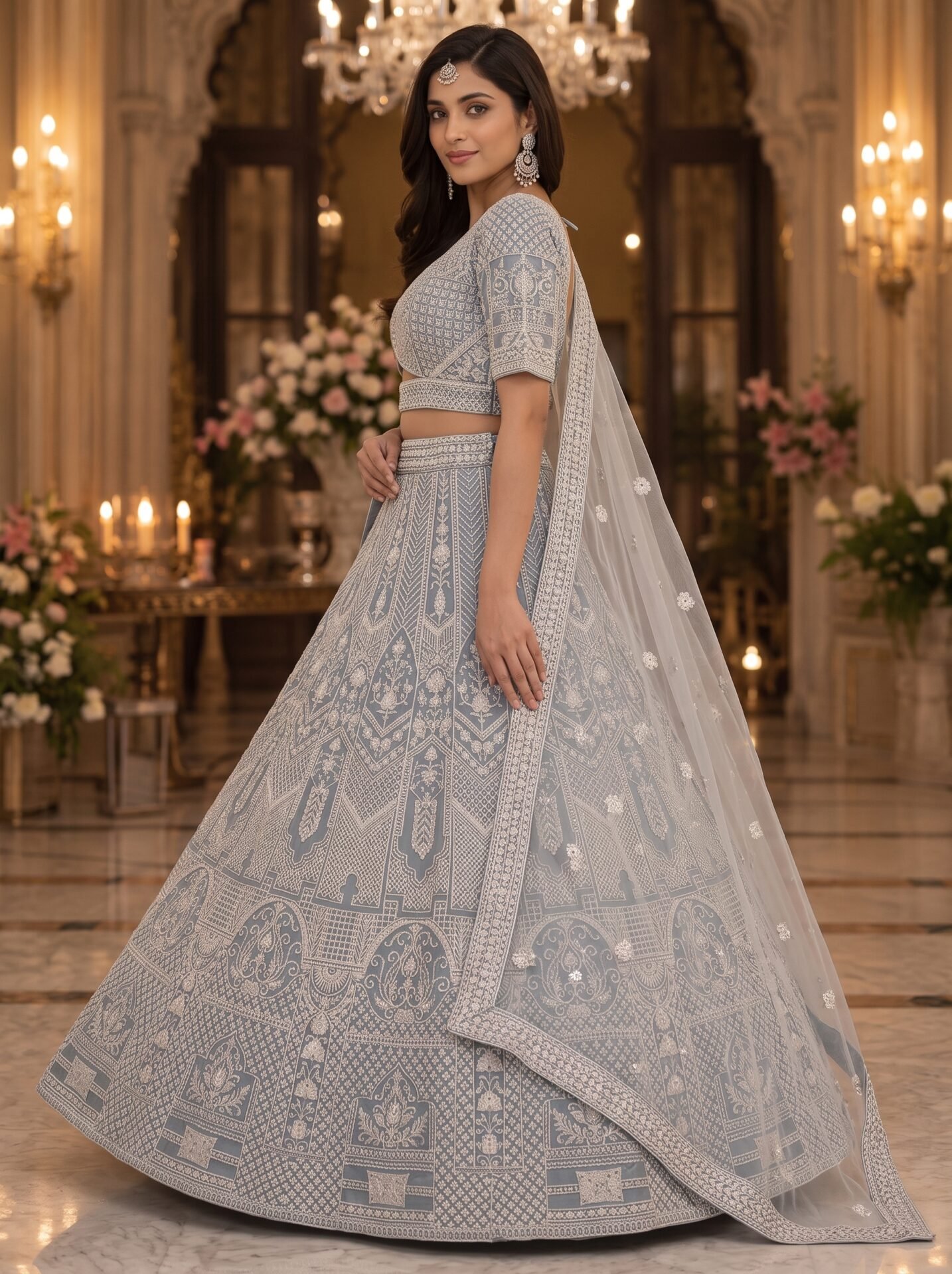 Miraya Mist Blue Silver Zari Embroidered Bridal Lehenga Set - Image 2