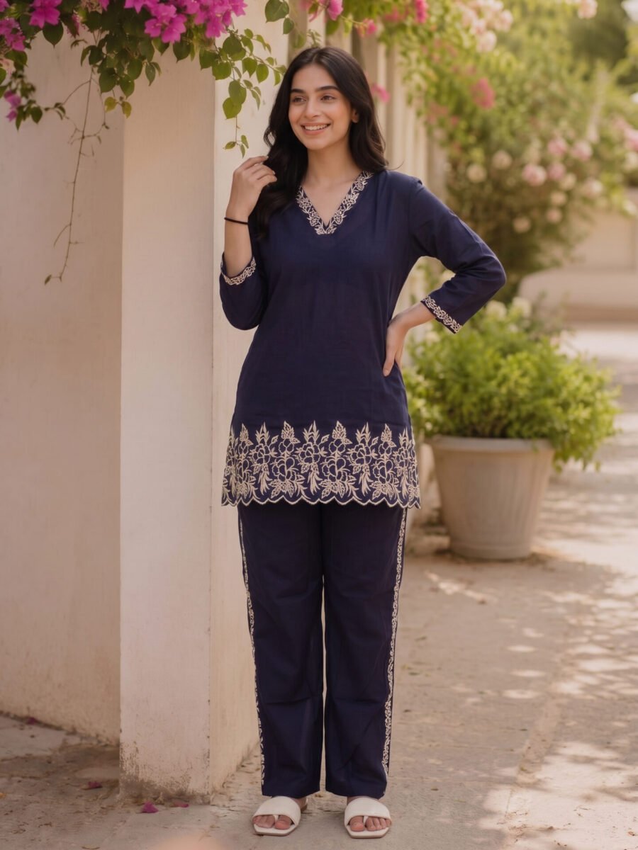 Moonlit Bloom Embroidered Kurta Pant Set
