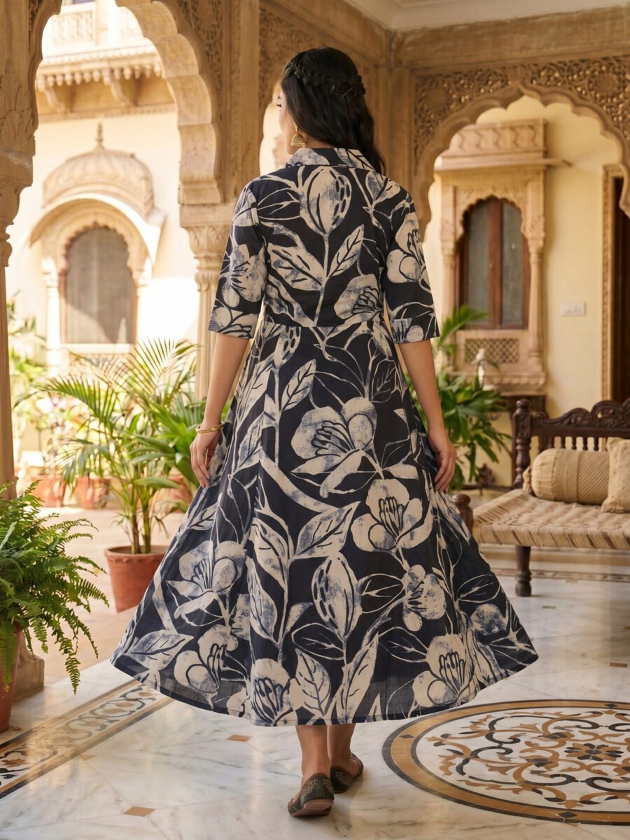 Navy Batik Botanical Collar Midi Dress