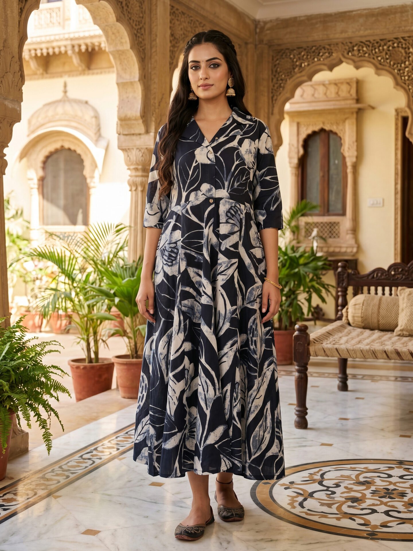 Navy Batik Botanical Collar Midi Dress - Image 2