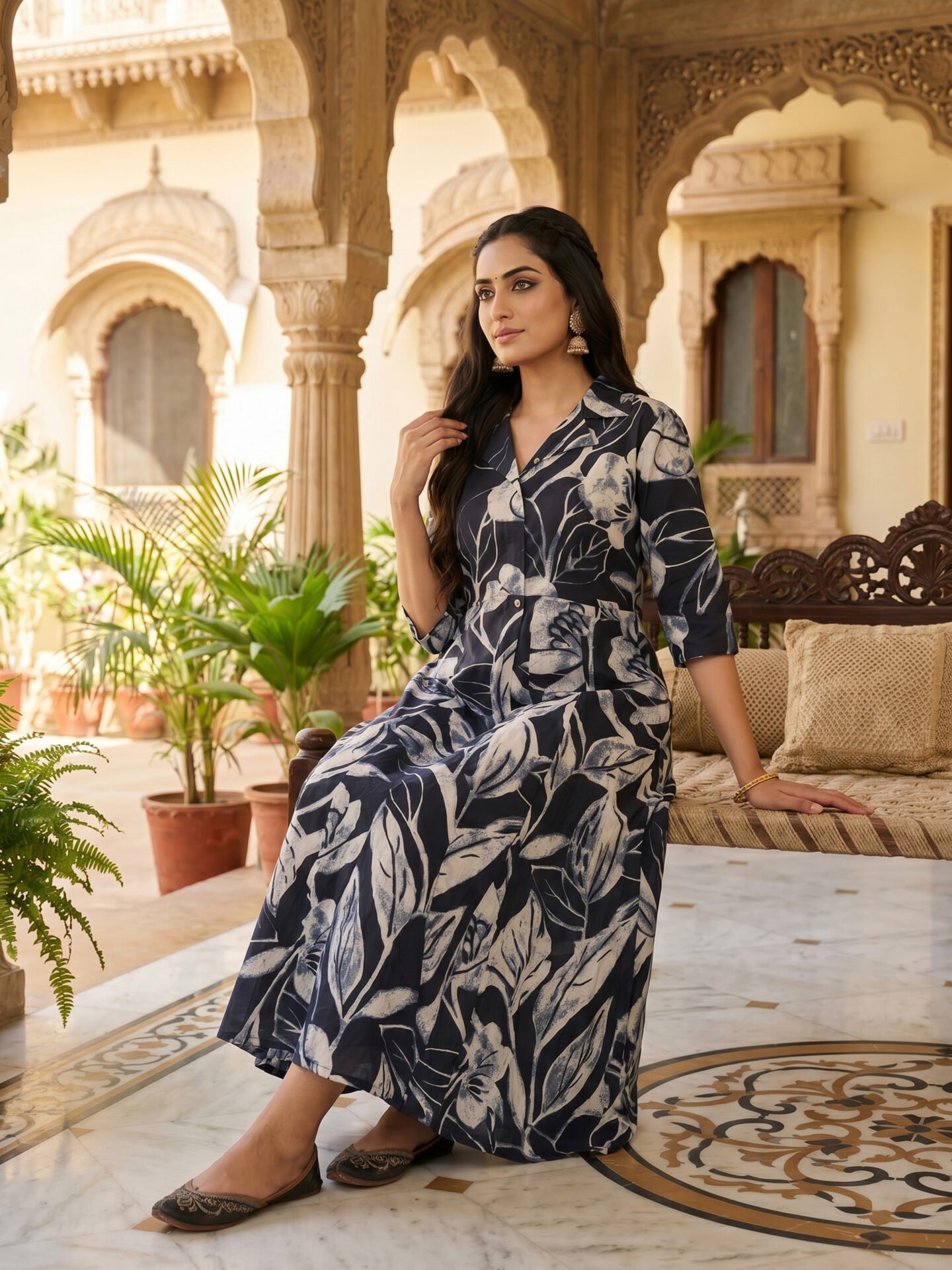 Navy Batik Botanical Collar Midi Dress - Image 3