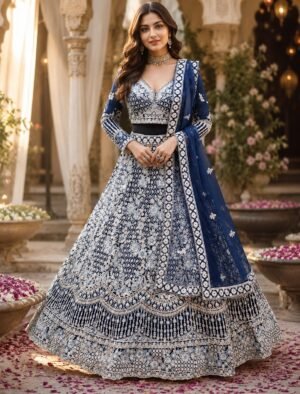 Navya Midnight Blue Ivory Zari Embroidered Bridal Lehenga Set