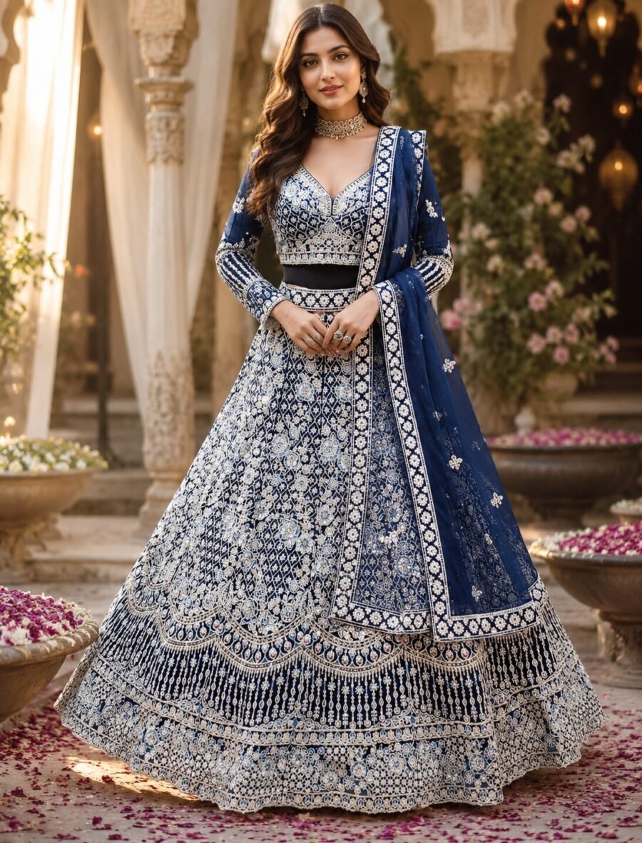 Navya Midnight Blue Ivory Zari Embroidered Bridal Lehenga Set