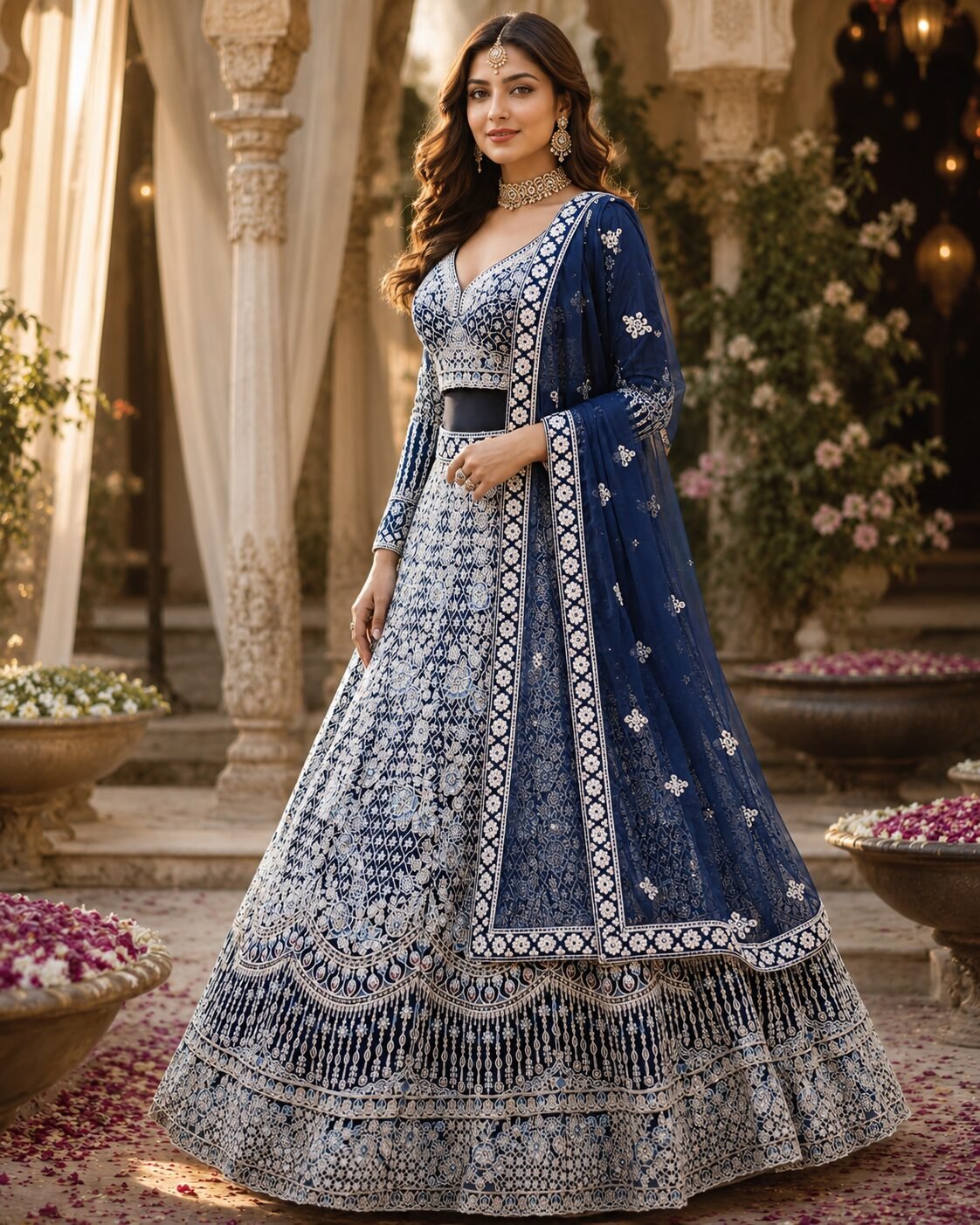 Navya Midnight Blue Ivory Zari Embroidered Bridal Lehenga Set - Image 2
