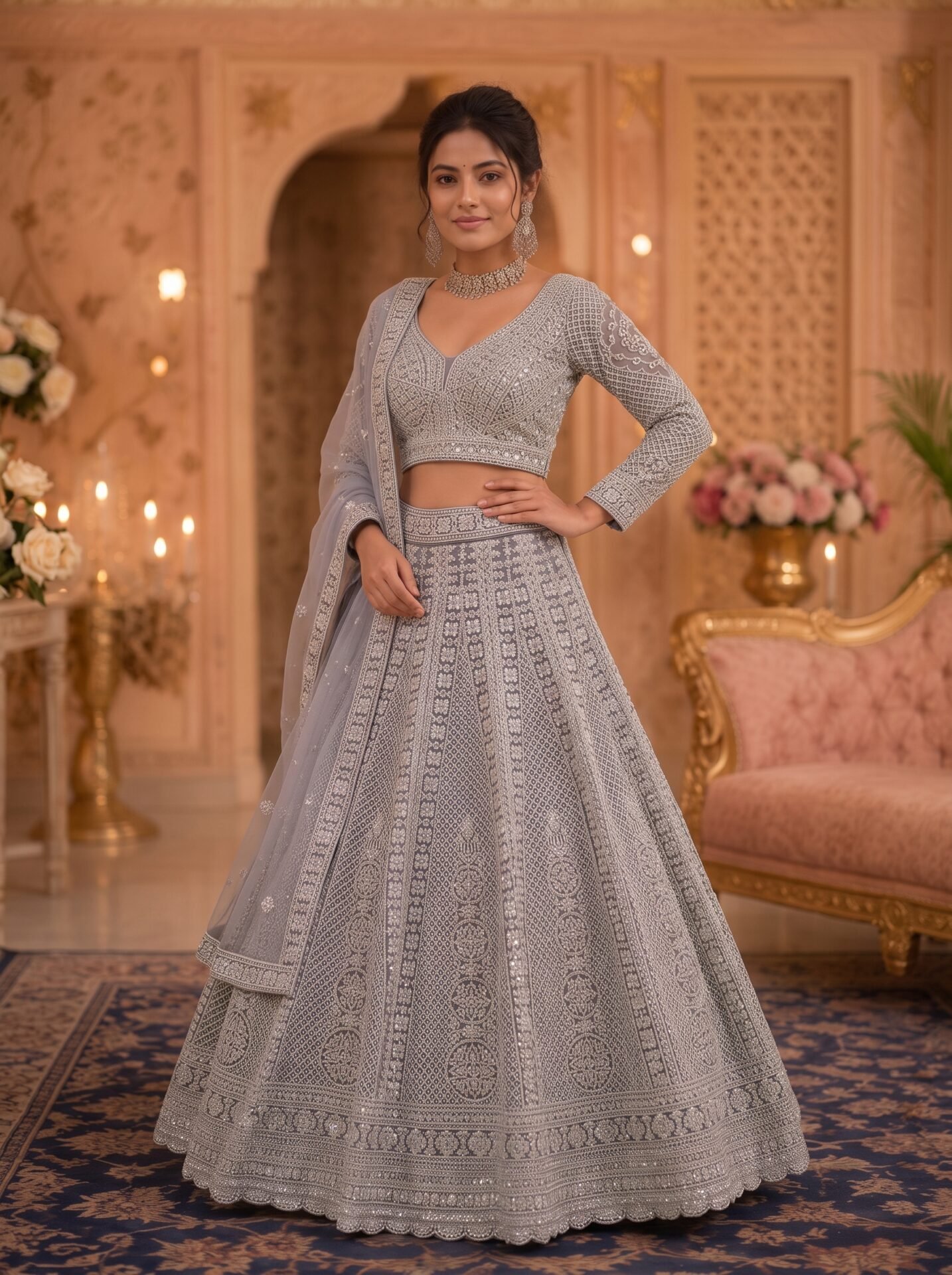 Nayra Smoky Lilac Silver Embroidered Bridal Lehenga Set - Image 2