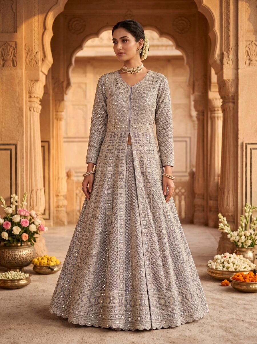 Nivara Slate Grey Silver Embroidered Jacket Lehenga Set