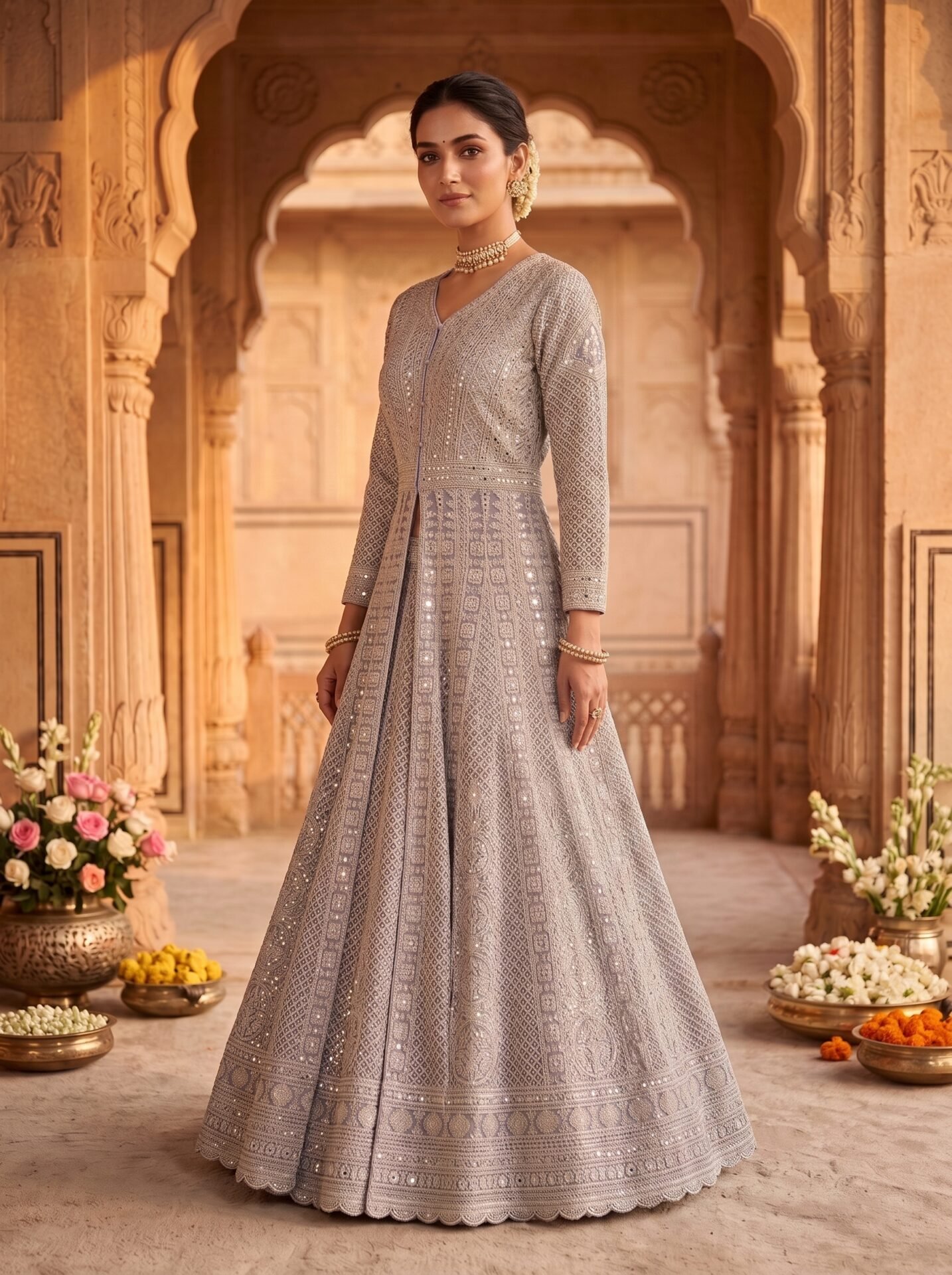 Nivara Slate Grey Silver Embroidered Jacket Lehenga Set - Image 2