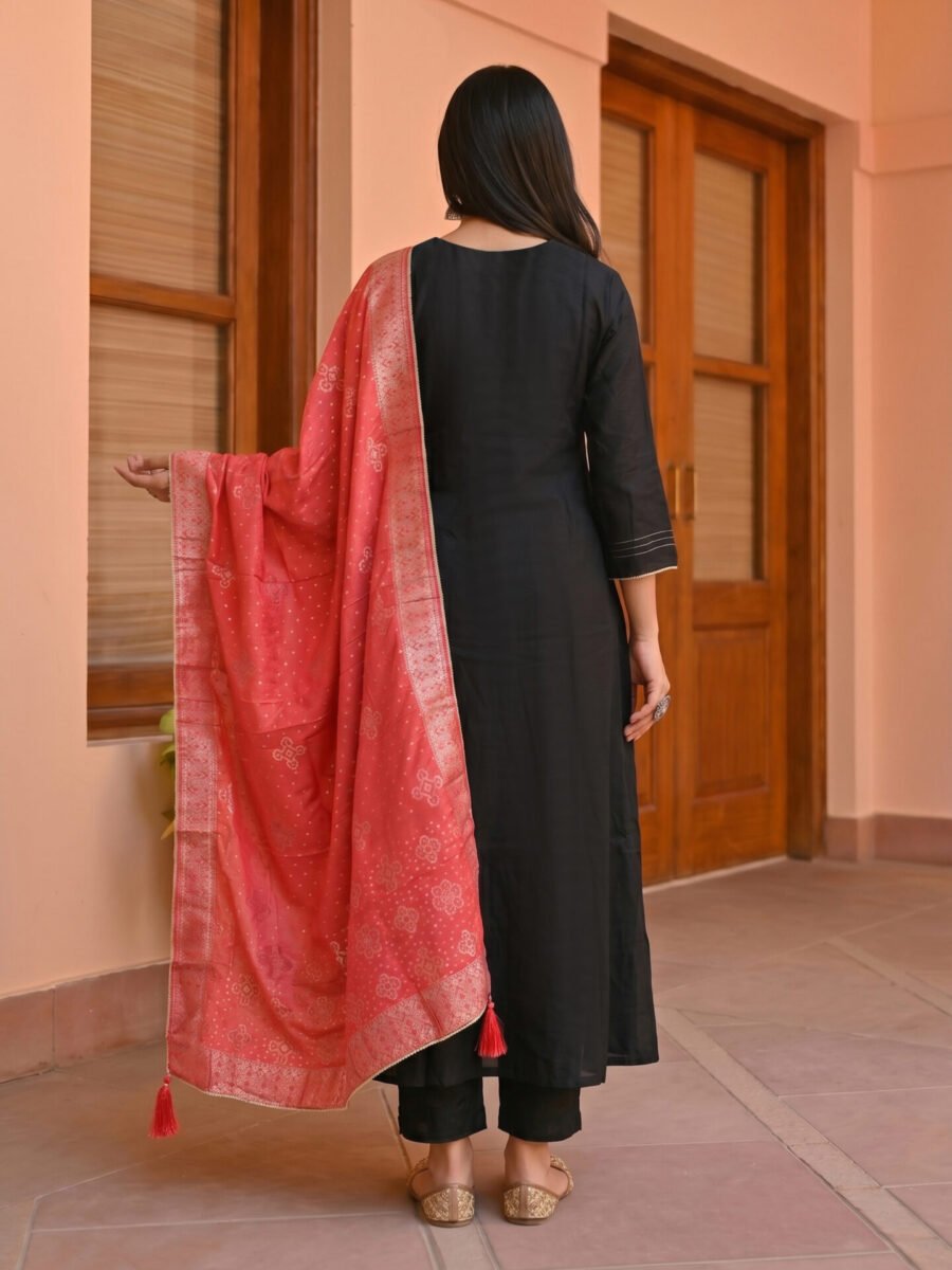 Noir Bloom Embroidered Anarkali Set with Coral Zari Woven Dupatta
