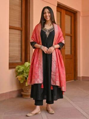 Noir Bloom Embroidered Anarkali Set with Coral Zari Woven Dupatta
