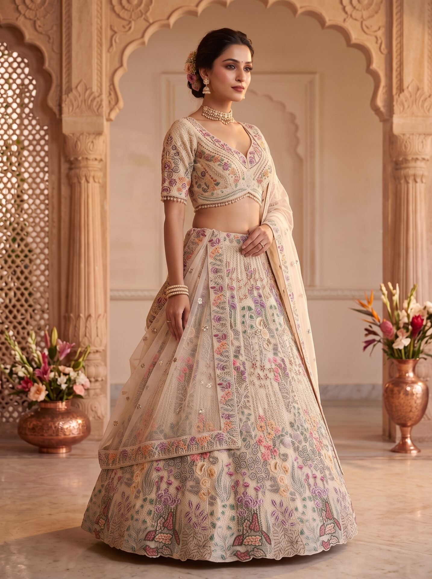 Off-White Multicolor Floral Buti Zari & Sequin Bridal Lehenga Choli with Dupatta - Image 2
