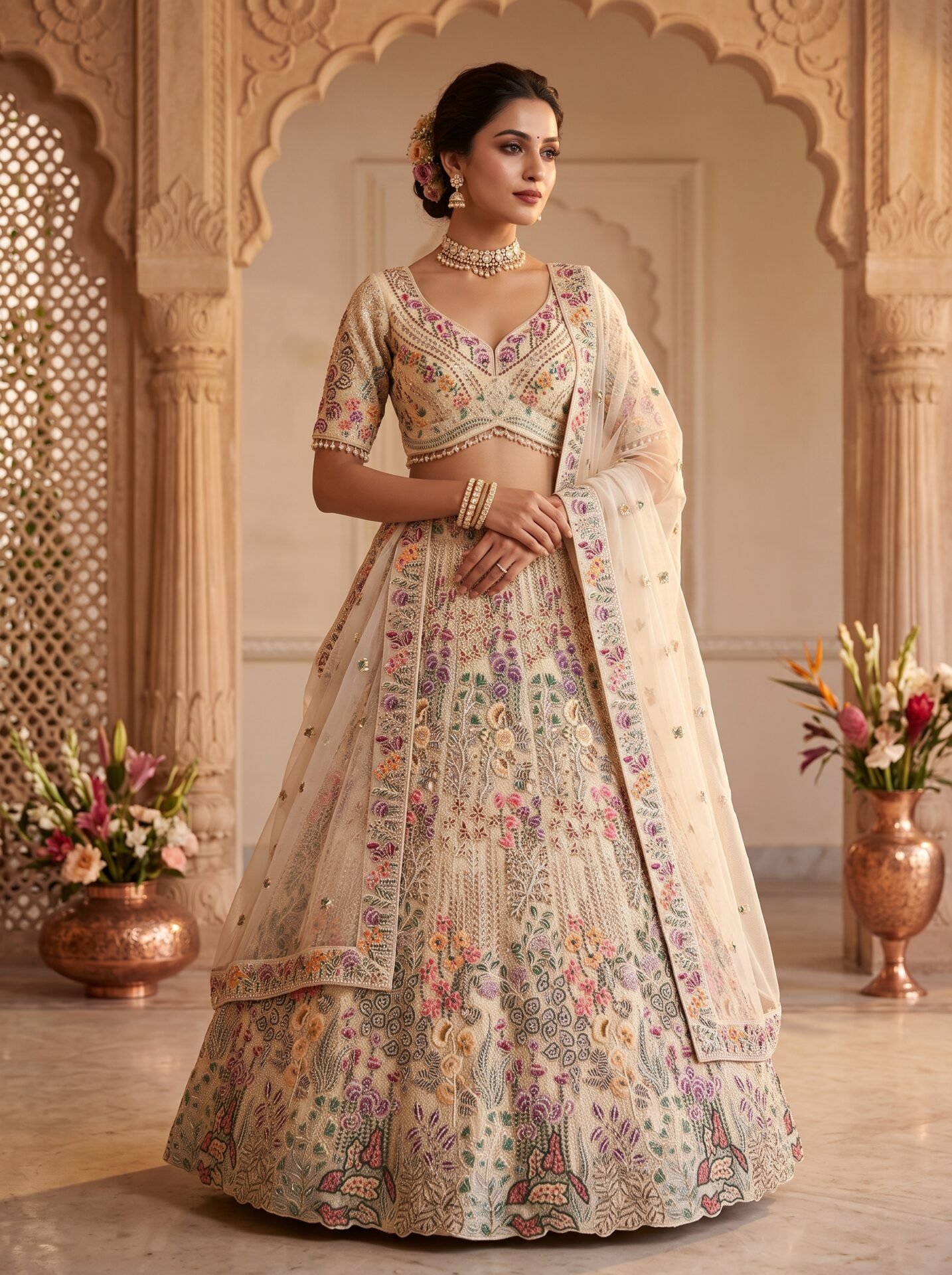 Off-White Multicolor Floral Buti Zari & Sequin Bridal Lehenga Choli with Dupatta