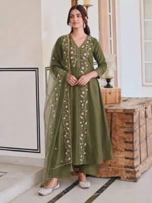 Olive Aura Floral Embroidered Kurta Set with Organza Dupatta
